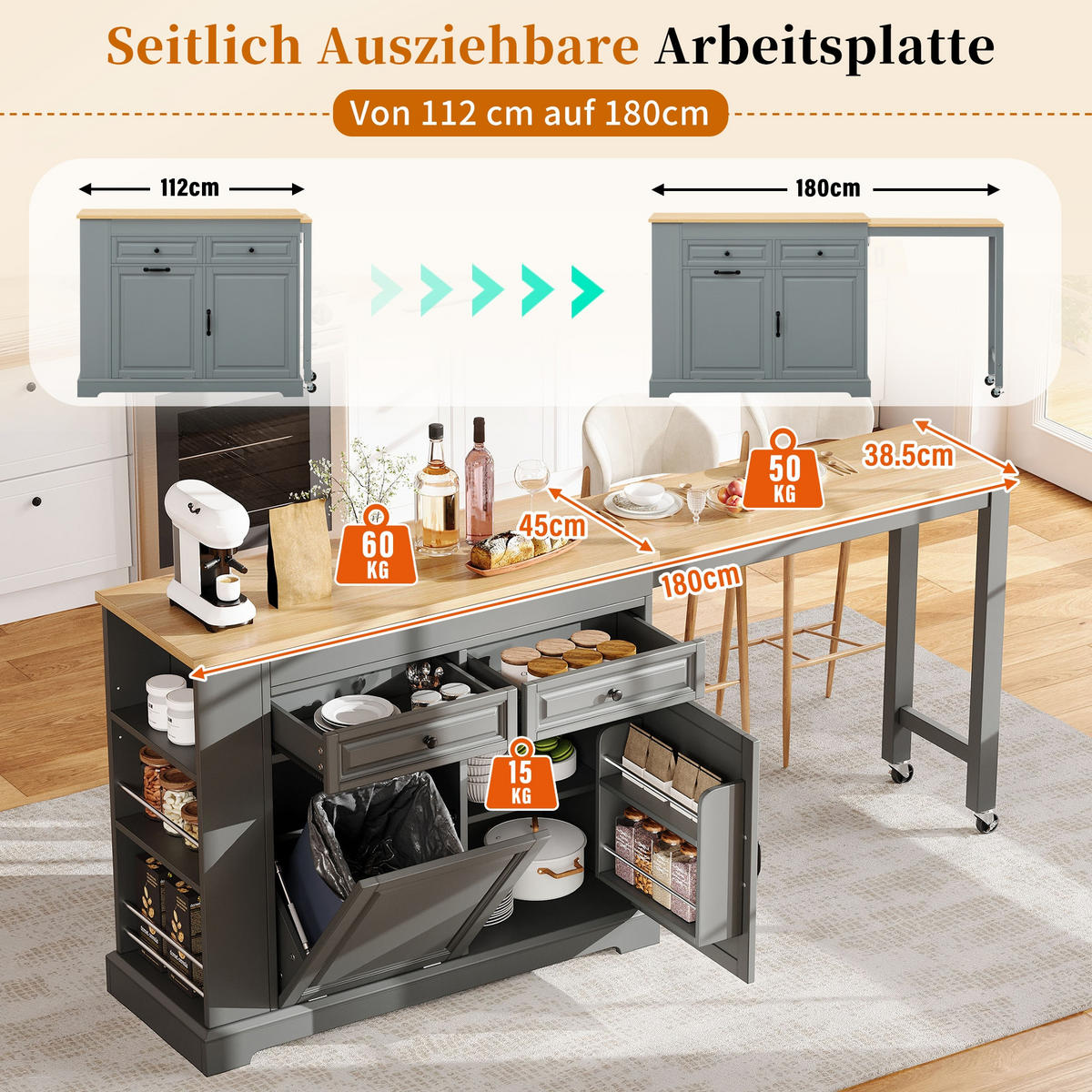 KÜCHENINSEL 112-180/45.2/92 cm Grau mit 2 Schubladen, Abfallbehälterfach und Rollen - Grau, Holz (45/92/116cm) - Oxeza