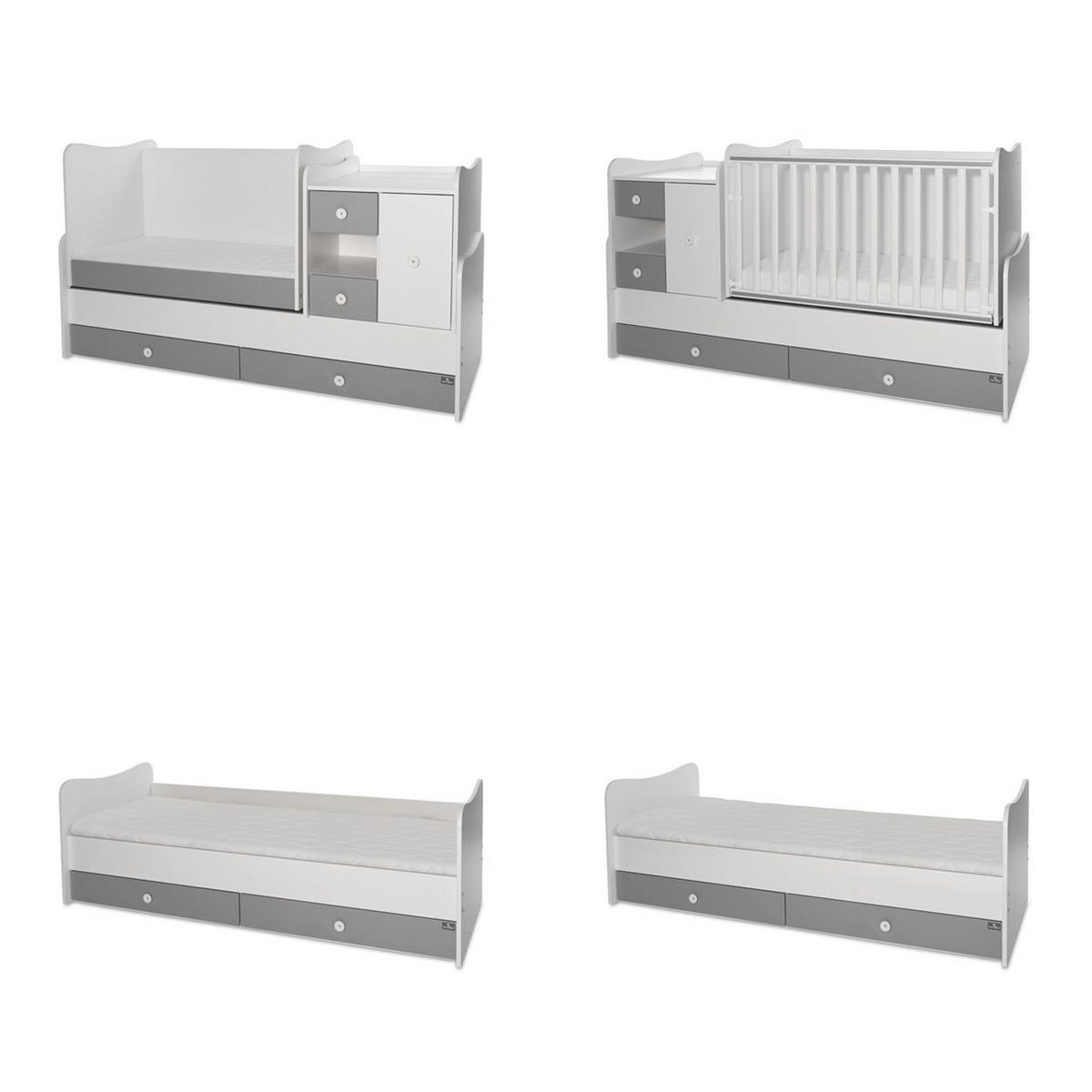 BABYBETT Mini Max 3 in 1 weiß dunkelgrau 120 x 60 cm, Jugendbett 190 x 72 cm, Wickelkommode, Schaukelfunktion - Grau, Holzwerkstoff (72/190cm) - Lorelli