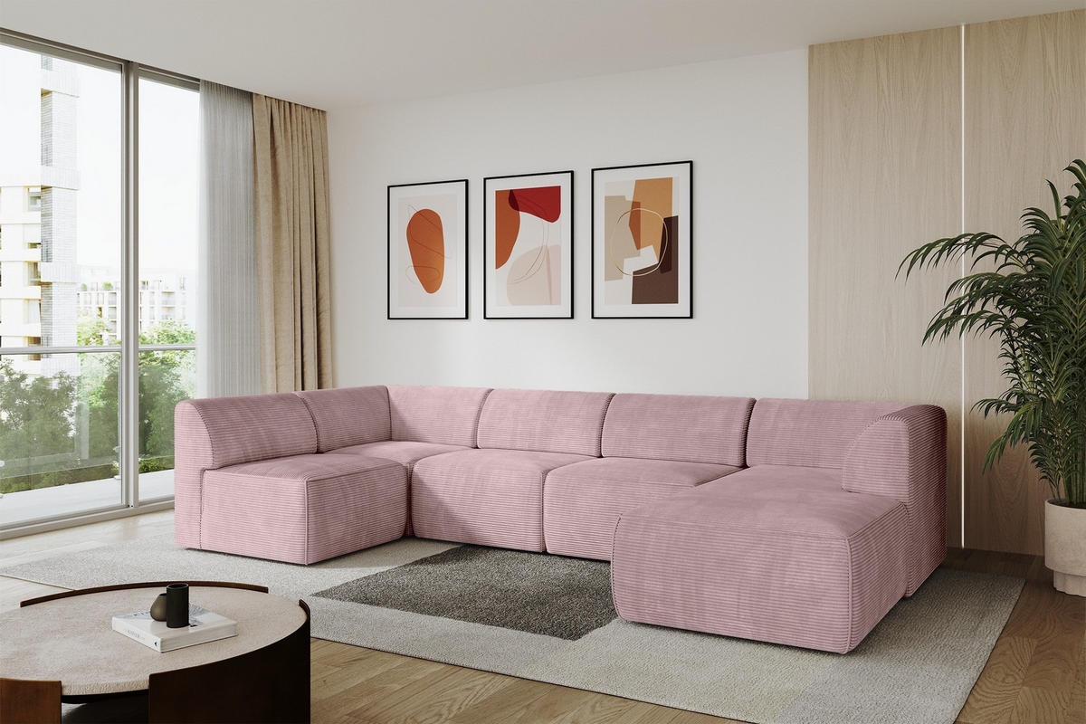 WOHNLANDSCHAFT Ottomane Rechts MOVA 345x180x78 Rosa Cord - Schwarz/Rosa, Holzwerkstoff/Kunststoff (345/78/180cm) - ALTDECOR