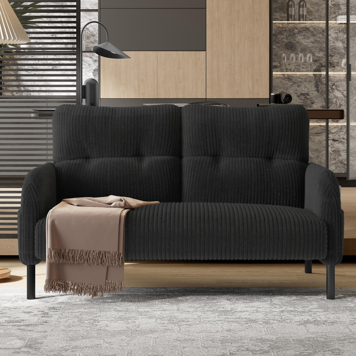 SOFA 2-Sitzer mit Seitentasche 120 x 75 x 79 cm Cord Gray - Grau, Kunststoff (120/79/75cm) - Meubliv