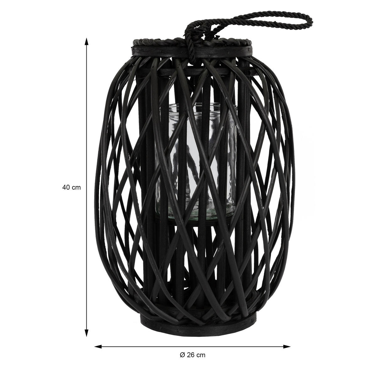 LATERNA Ried 40x26 cm černá s uchem a skleněnou vložkou - černá, přírodní materiály (26/40/26cm) - ECD-Germany