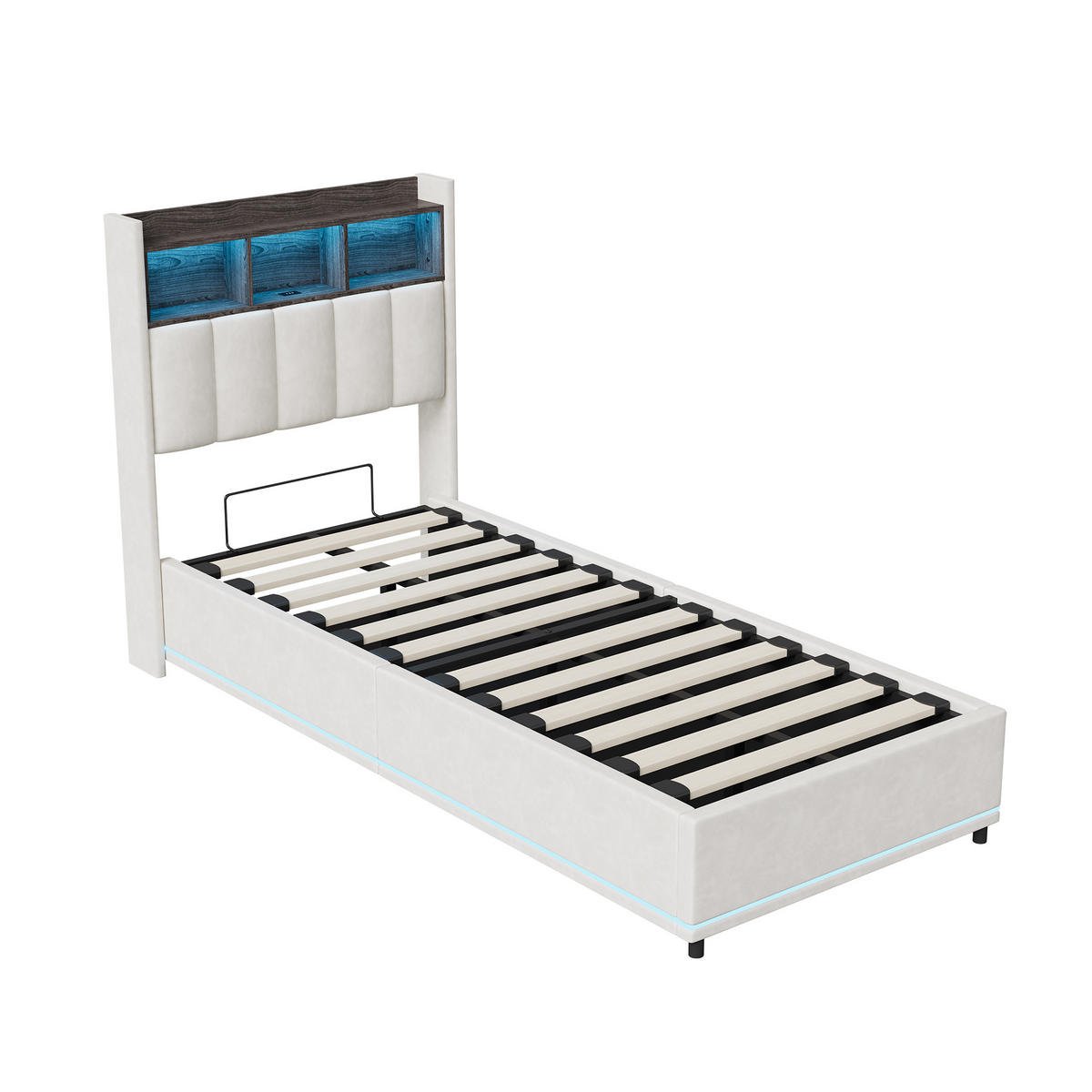 POLSTERBETT 90/200 cm Weiß mit hydraulischem Stauraum, LED-Kopfteil mit Ablage und USB-Anschluss - Weiß, Metall (90/200cm) - EuroLiving