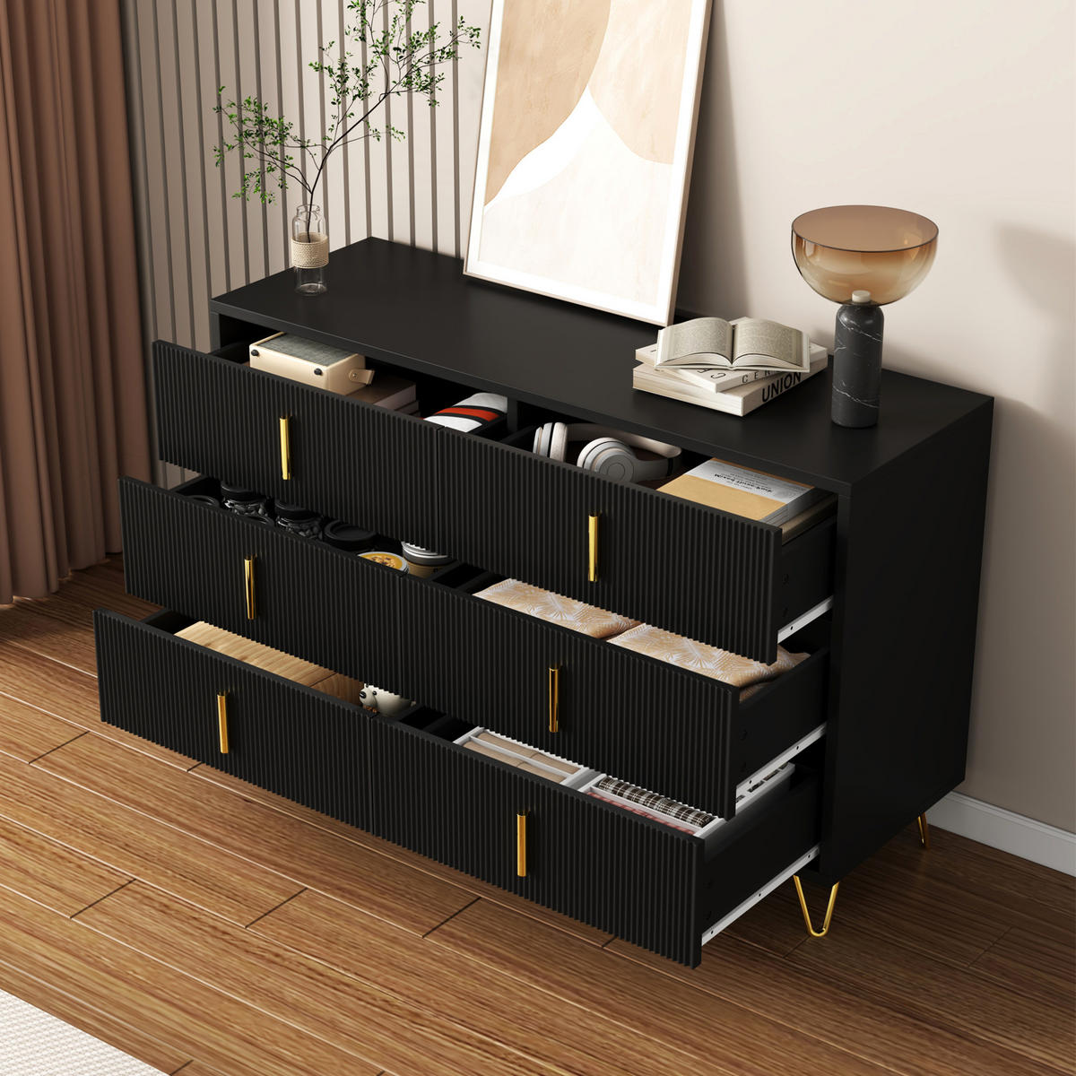 KOMMODE 120/40/77 cm aus Spanplatte mit 6 Schubladen Schwarz/Gold - Schwarz, Holzwerkstoff (120/77/40cm) - Modenvie