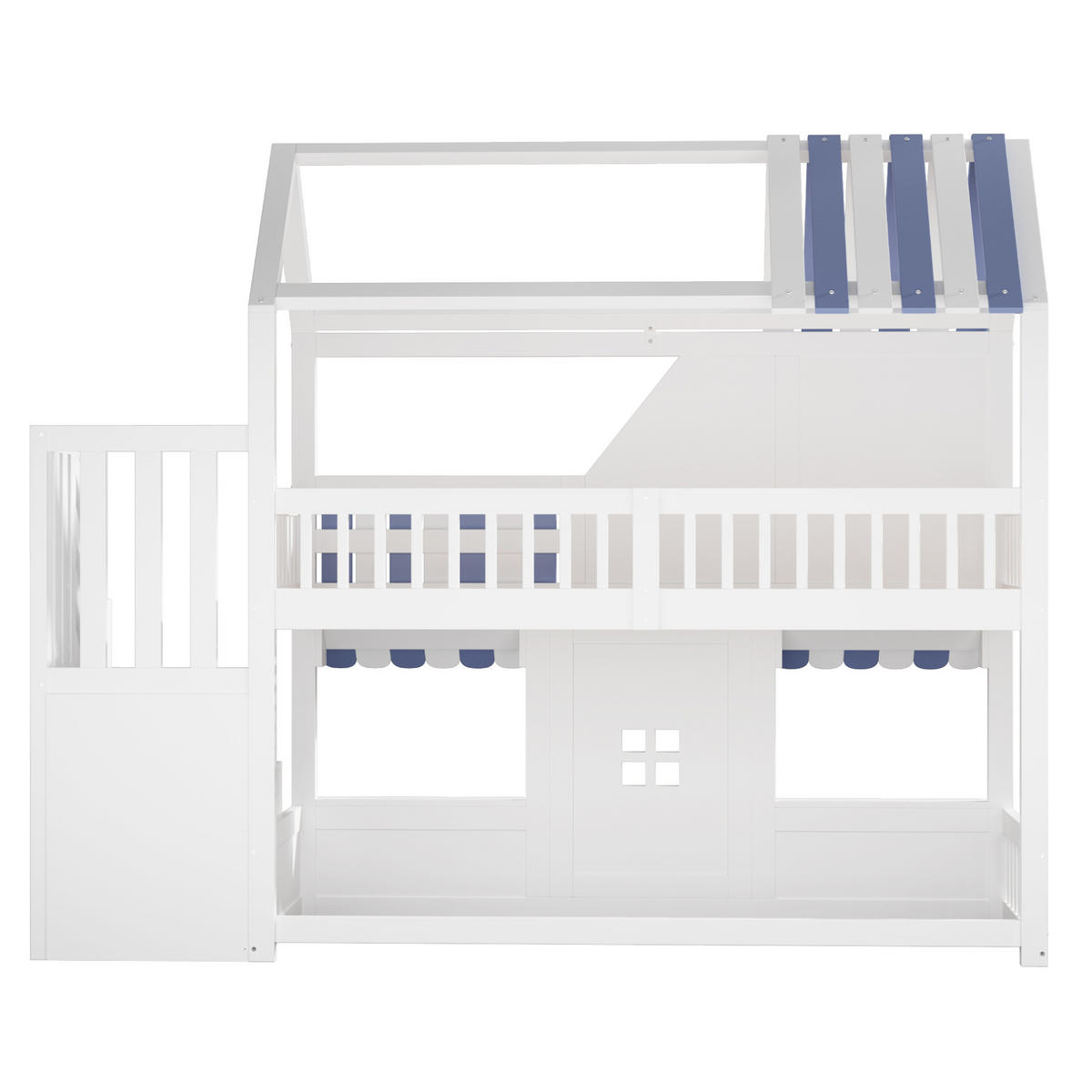 ETAGENBETT 90/200 cm mit LED, Stauraumleiter und Regalen im Hausdesign, Weiß/Blau - Weiß, Holzwerkstoff (90/200cm) - Redom