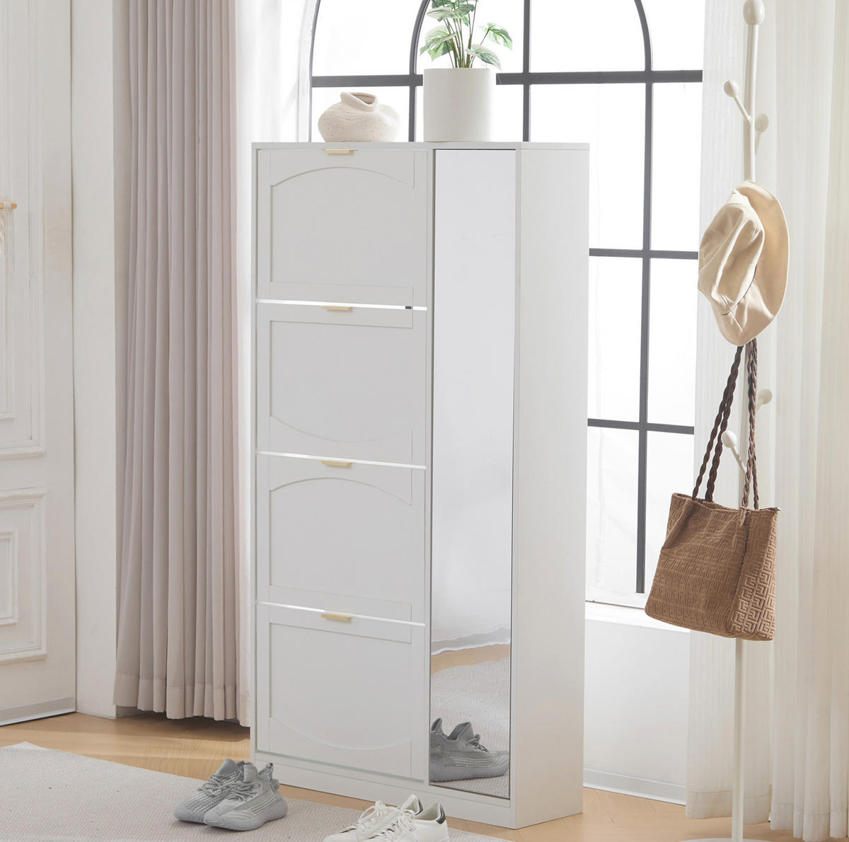 SCHUHSCHRANK aus Spanplatte 80x24x147cm in Weiß mit Spiegeltüren - Weiß, Holzwerkstoff (80/147/24cm) - Modfu