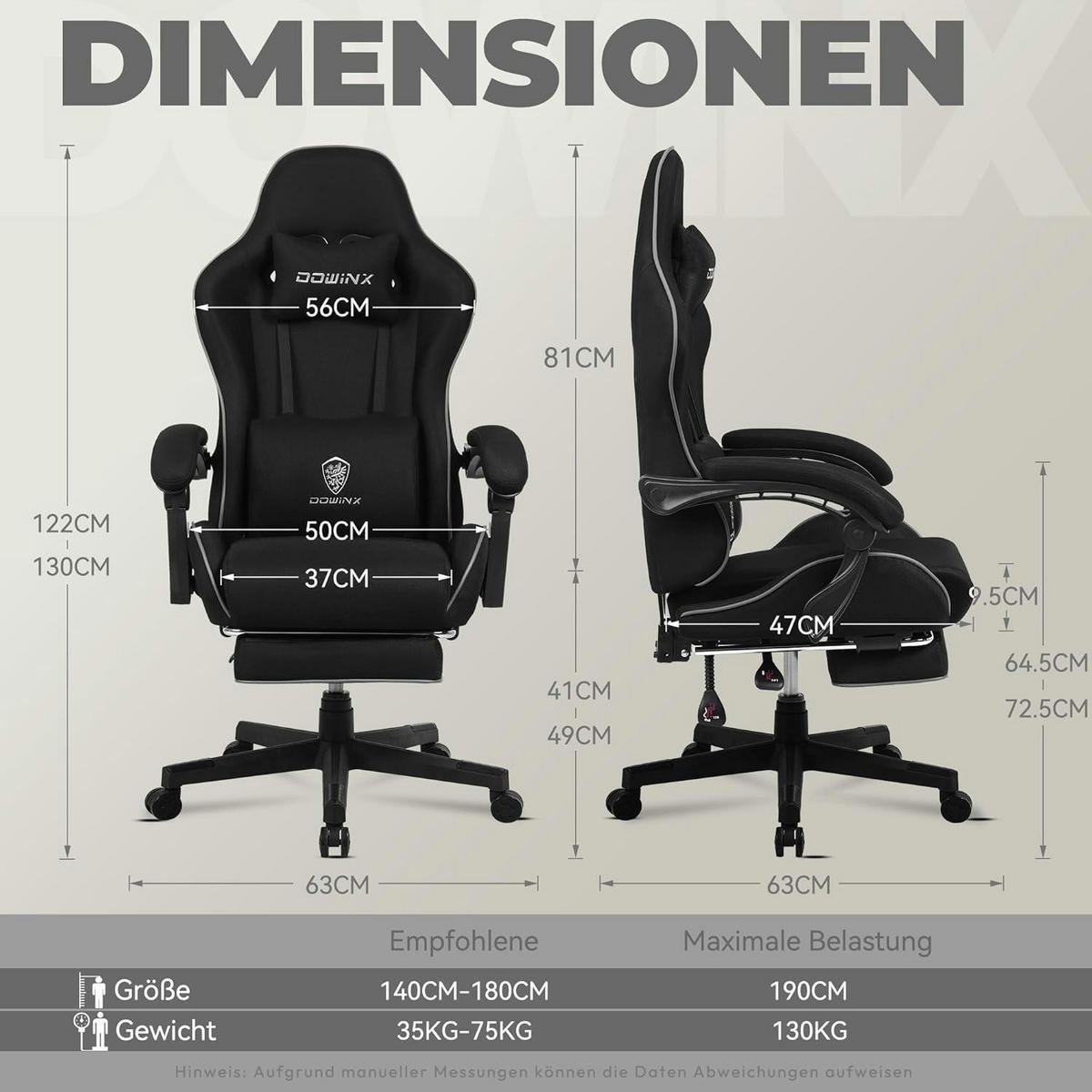 GAMING Stuhl Stoff mit Massagefunktion und Fußstütze, schwarz - Schwarz, Textil (60/123/57cm)