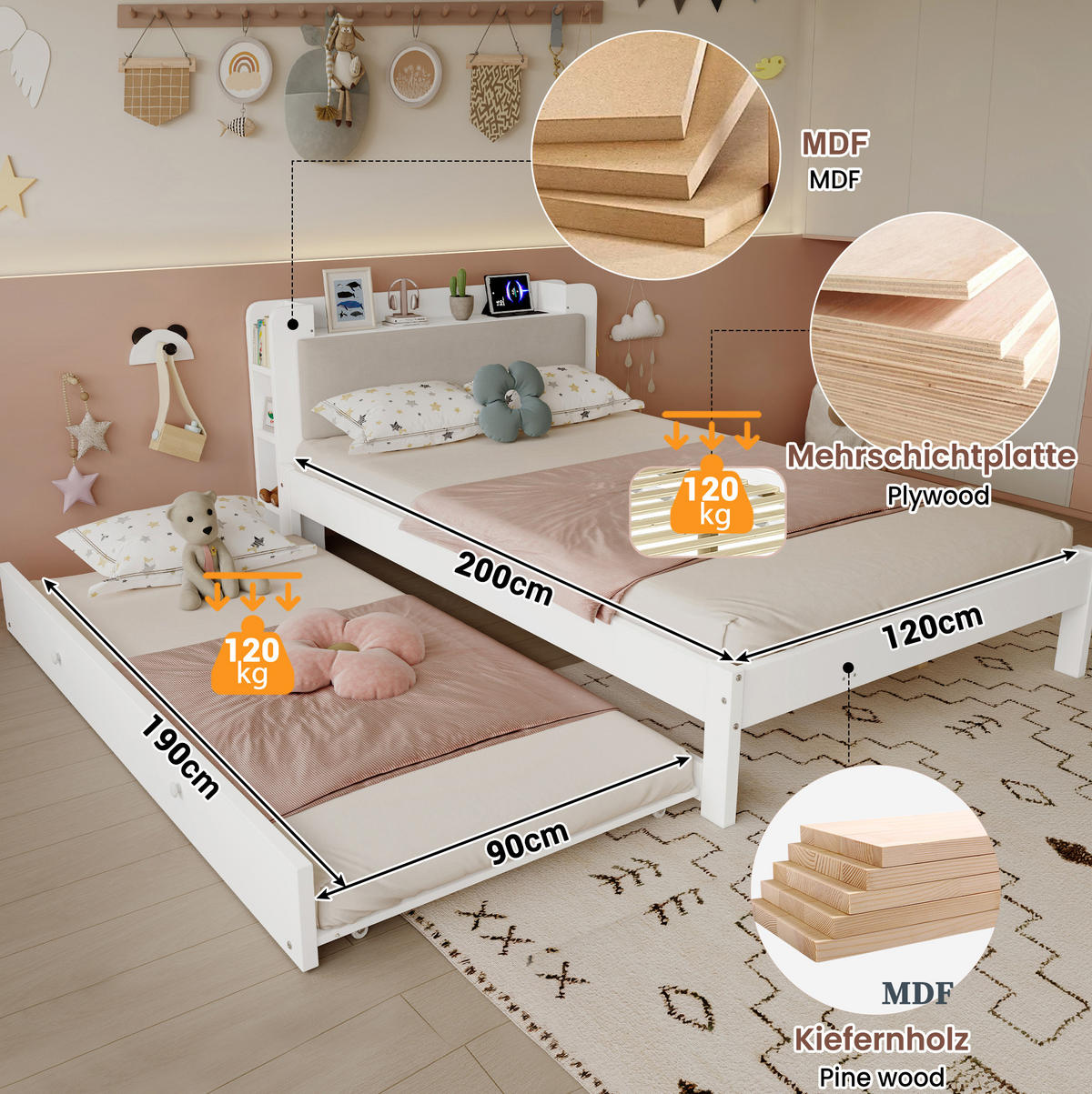 FUNKTIONSBETT aus Kiefer und MDF 120x200 cm Weiß mit Ausziehbett 90x190 cm und Ladestation - Weiß, Holz (120/200cm) - IVMEU
