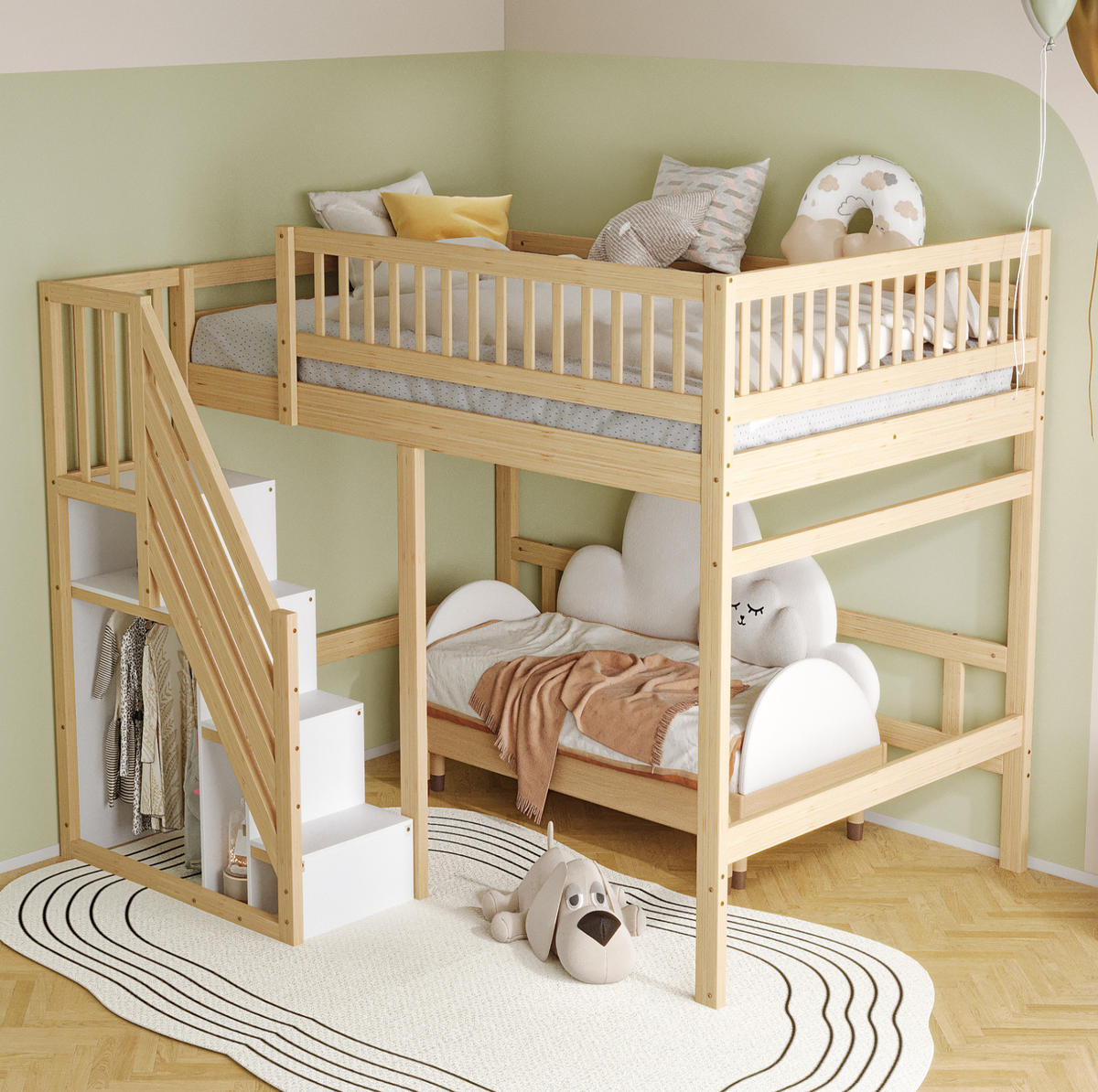 HOCHBETT 140/200 cm Naturfarben aus Kiefernholz mit Stauraumtreppe - Naturfarben, Holz (140/200cm) - OKMYHOME
