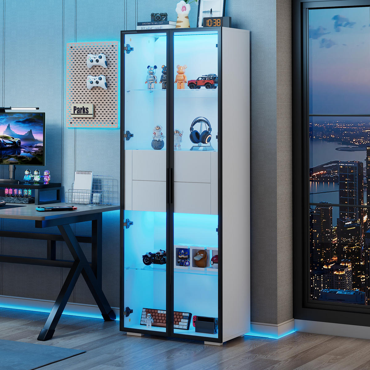 VITRINE LED Gehärtetes Glas 2 Glasböden 2 Schubladen Weiß - Multicolor, Glas (60/160/40cm) - FLIEKS