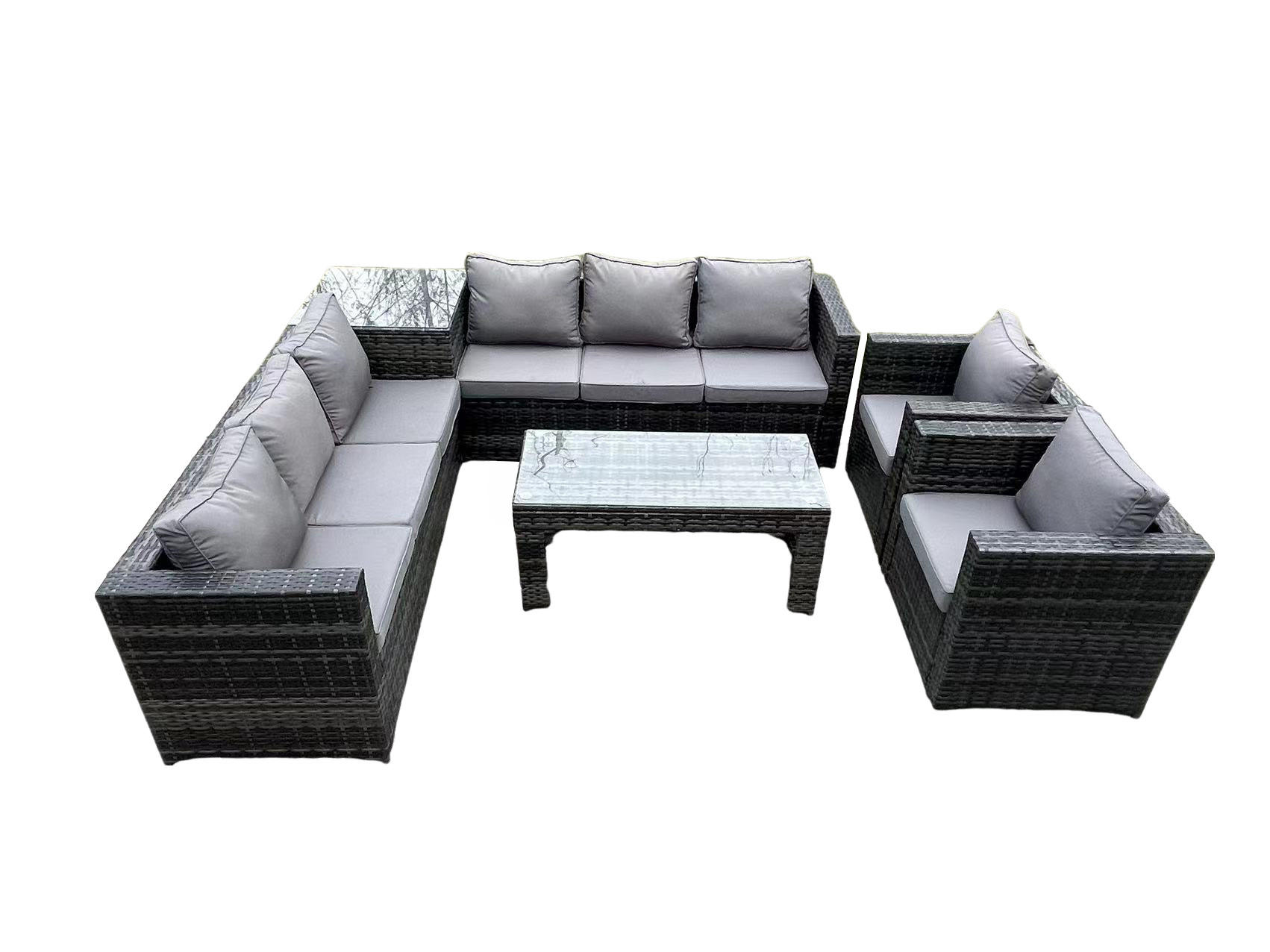 LOUNGESOFA Polyrattan 8-Sitzer - Dunkelgrau/Grau, Glas/Kunststoff - Fimous