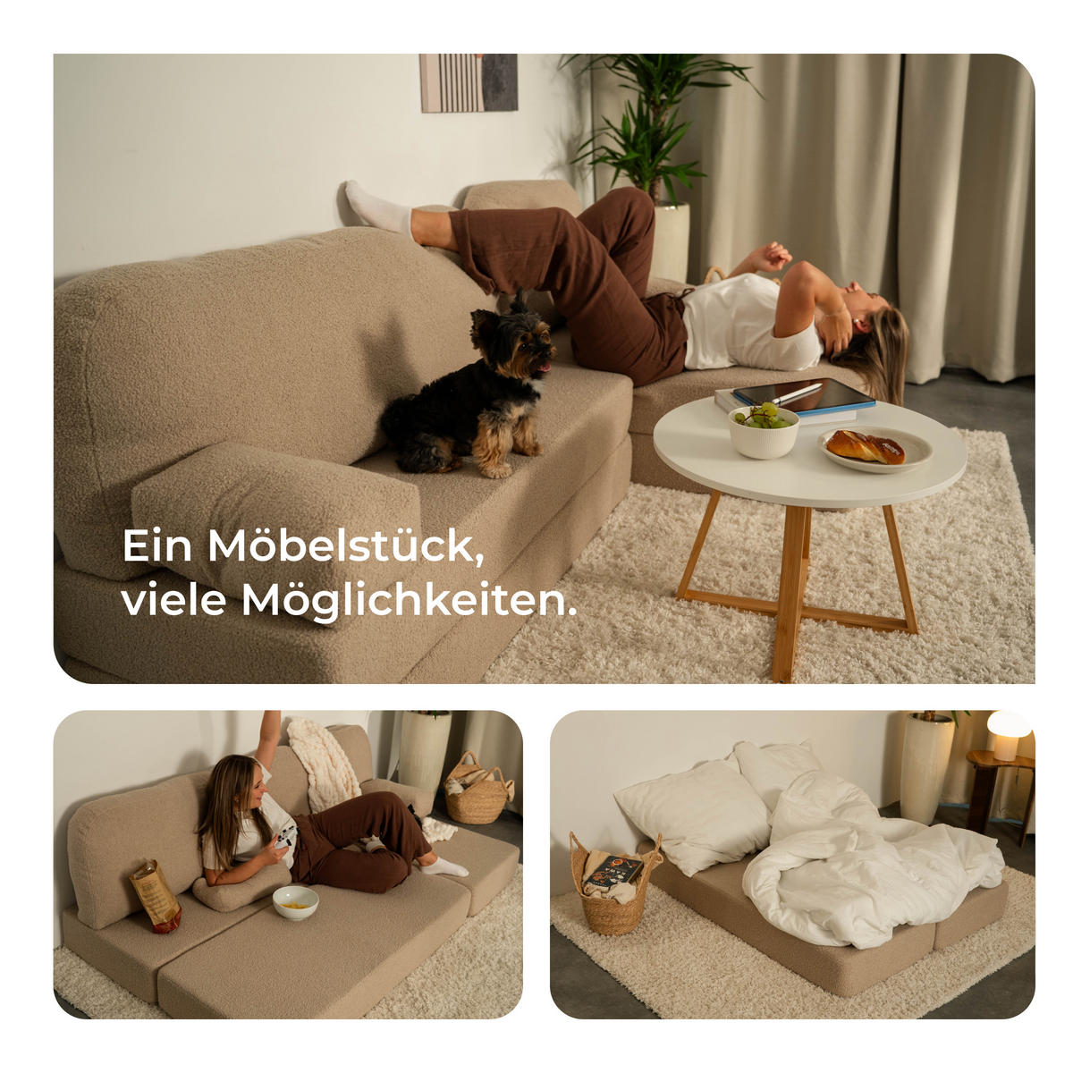 ECKSOFA SABI modulares Boneless Sofa mit Schlaffunktion Grau Boucle-Stoff - Grau, Textil (200/120cm) - MASSENO