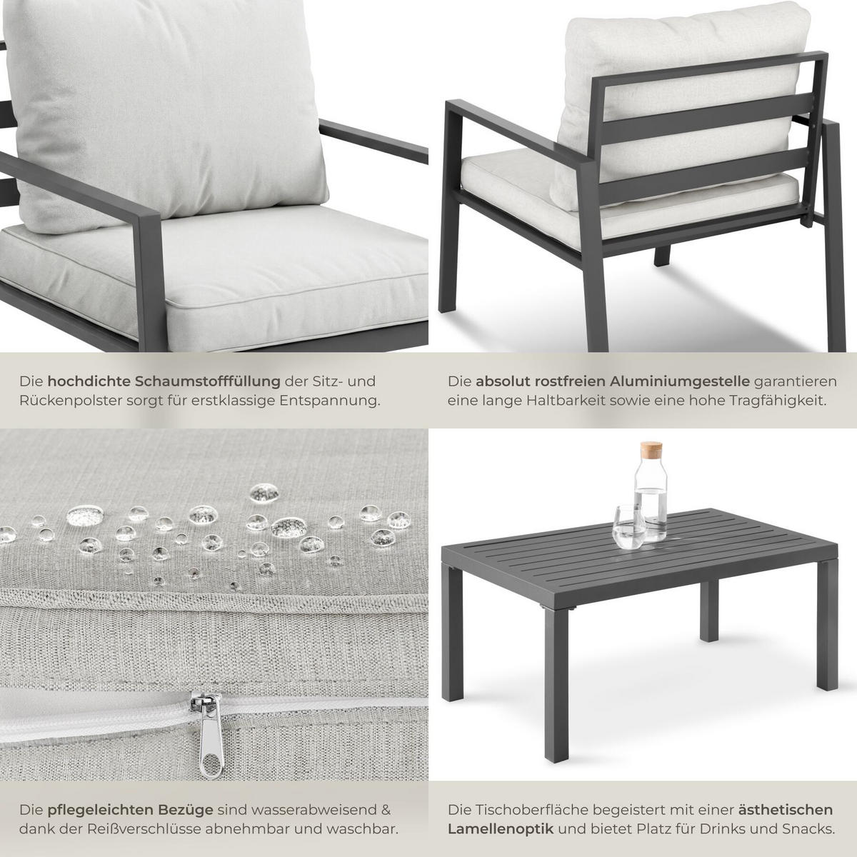 SITZGRUPPE aus Aluminium Göteborg, Tisch mit Lamellenmuster, hellgrau - Hellgrau, Kunststoff - tectake