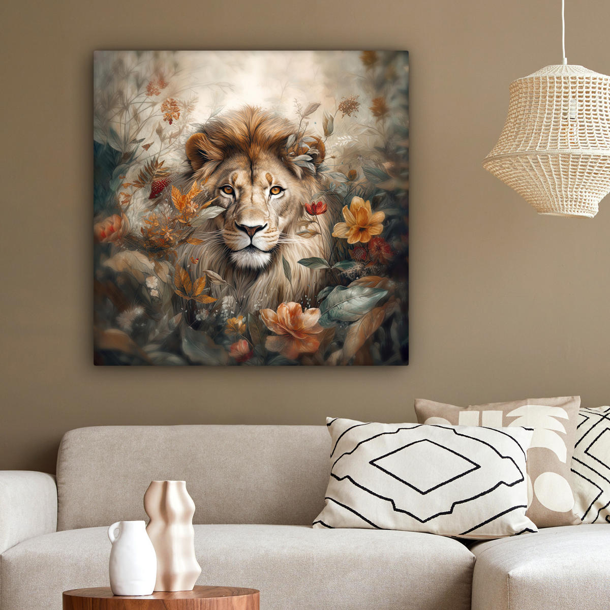 LEINWANDBILD Löwe - Wildtiere - Pflanzen - Natur - Blumen 90x90 cm - Beige, Textil (90/90cm) - MuchoWow