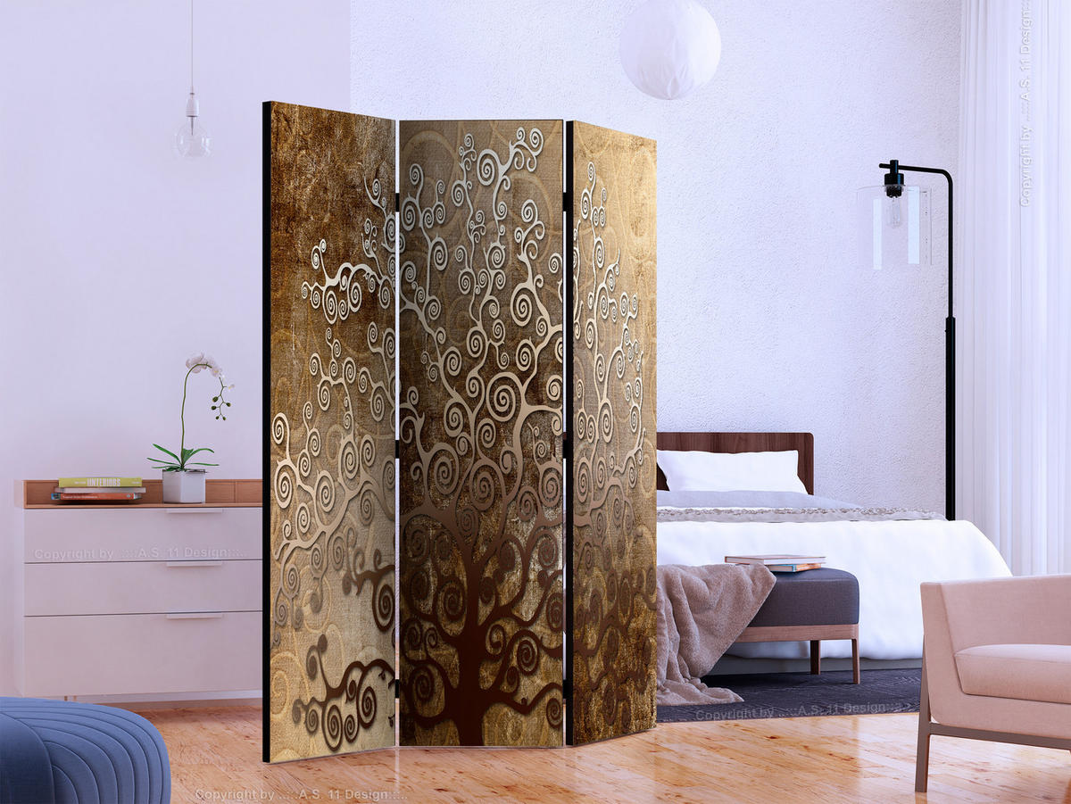 PARAVENT Akustik 3-tlg 135x172 cm Klimts Goldener Baum - Braun, Holz/Textil (135/172/3cm) - Muralo