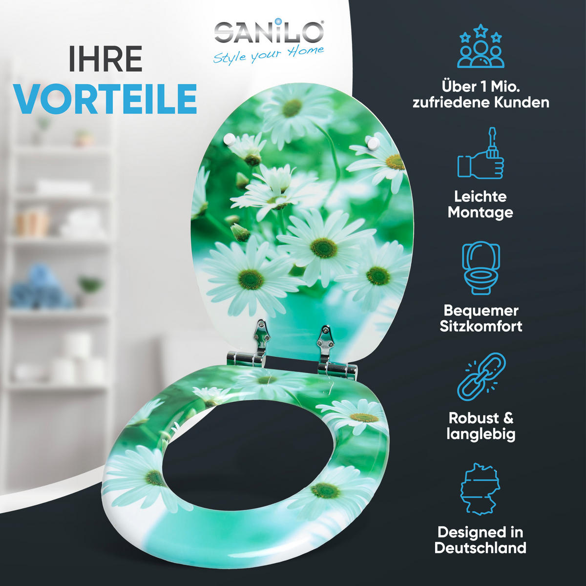 WC-SITZ mit Absenkautomatik Margeriten - Grün, Holzwerkstoff (38/6/47cm) - Sanilo