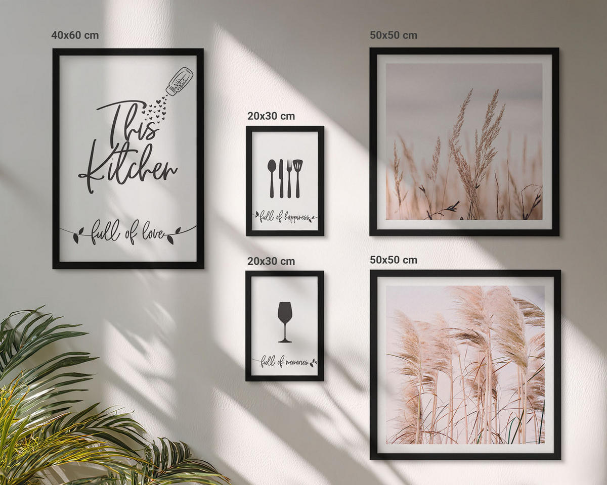 BILDER SET 5er Set - 50x50 cm & 20x30 cm & 40x60 cm Schwarzer Rahmen - Abstrakte Blattmalerei - Schwarz, Kunststoff (40/60cm) - TULUP