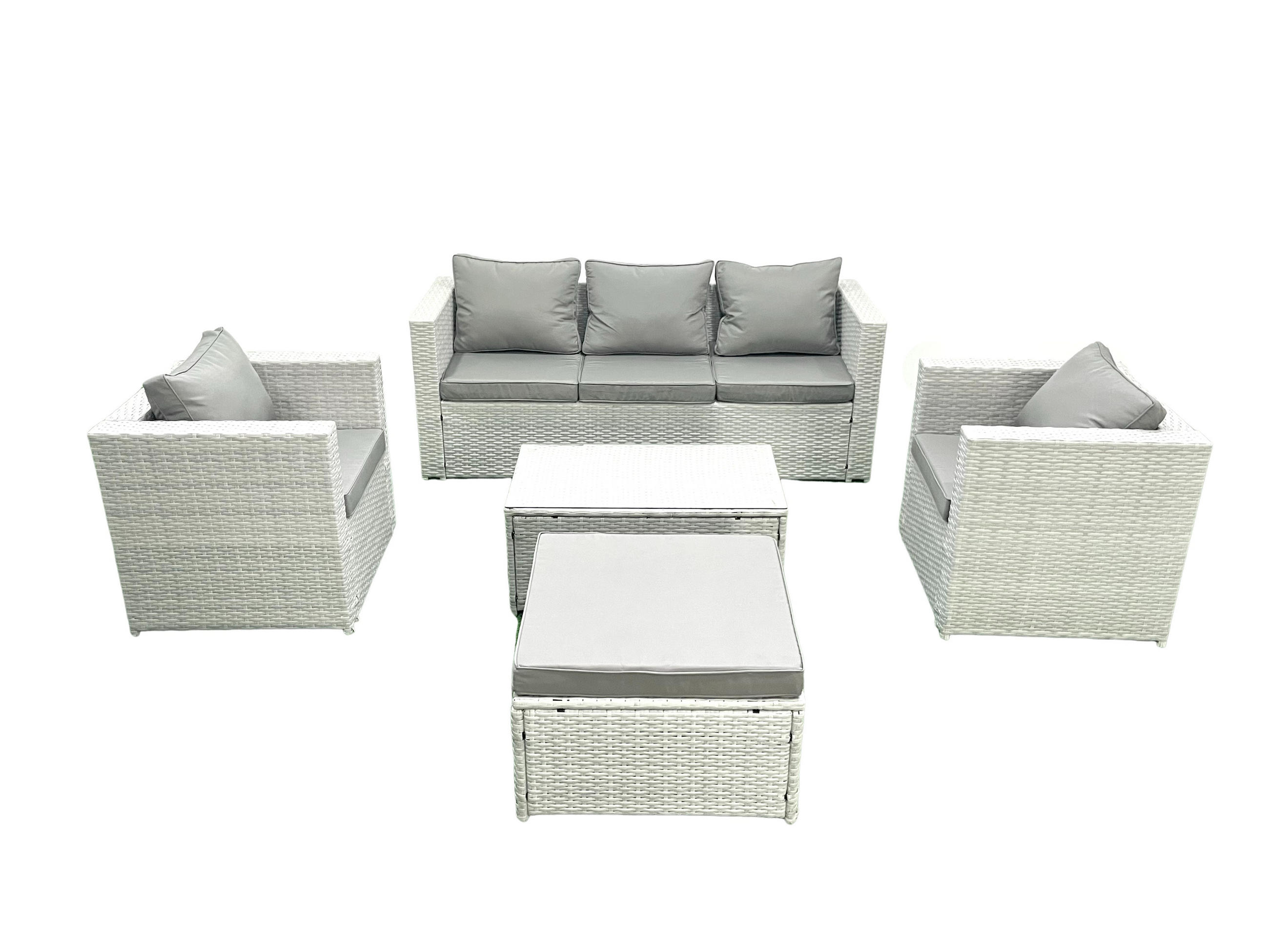 GARTENMÖBELSET mit 3-SITZER SOFA,COUCHTISCH Polyrattan Hellgrau-Mix 6-Sitzer - Hellgrau/Grau, Glas/Kunststoff - Fimous