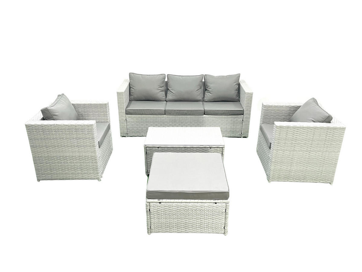 GARTENMÖBELSET mit 3-SITZER SOFA,COUCHTISCH Polyrattan Hellgrau-Mix 6-Sitzer - Hellgrau/Grau, Glas/Kunststoff - Fimous