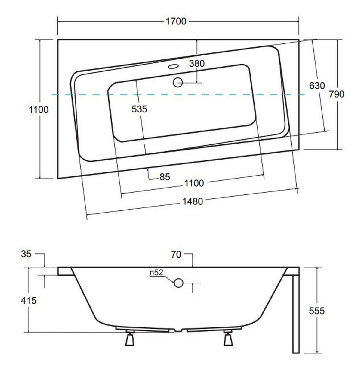 BADEWANNE Eckwanne INFINITY 170/110 Links mit Schürze Ablauf Füße - Weiß, Kunststoff (110/55.5/170cm) - bad land