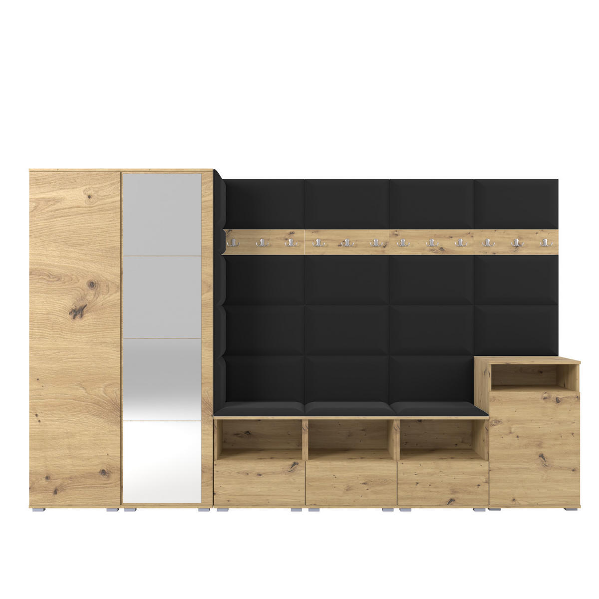 GARDEROBE NELA XII 300 cm (Modulare Flurmöbel Artisan Eiche mit Spiegel & Sitzpolster Schwarz 16 Gigantisches Set) - Silberfarben/Schwarz, Holz/Holzwerkstoff (300/187/40cm) - Ravio