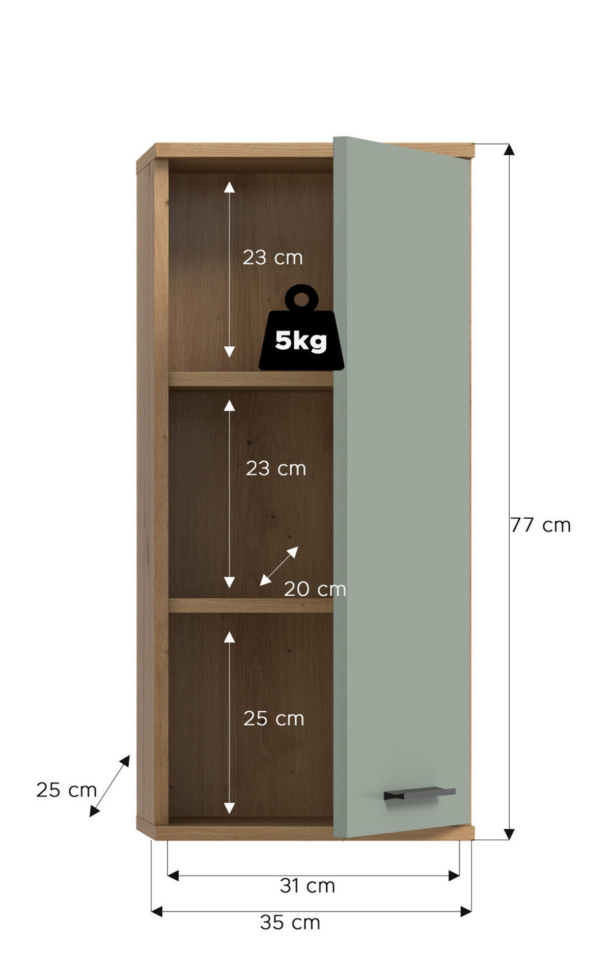 HÄNGESCHRANK Salbei, Artisan Eiche 35 x 77 cm, Badschrank hängend - Salbeigrün/Schwarz, Holzwerkstoff/Kunststoff (35/77/25cm) - Inn.Furn