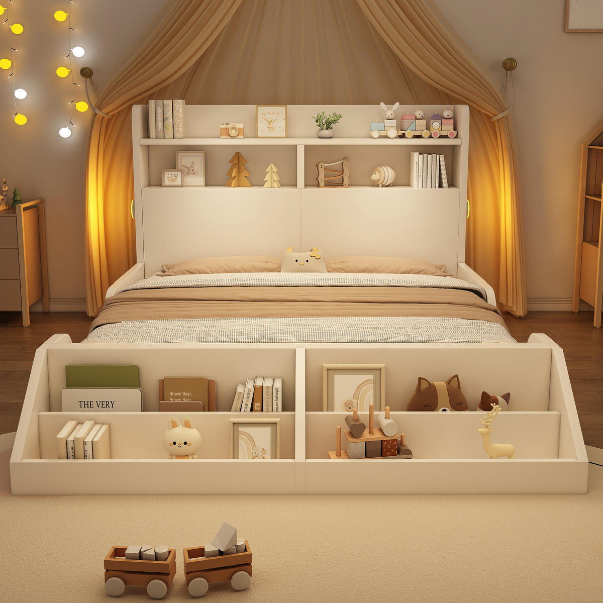 JUGENDBETT 140/200 cm in Weiß mit Regal und LED - Weiß, Holz/Holzwerkstoff (140/200cm) - WISHDOR