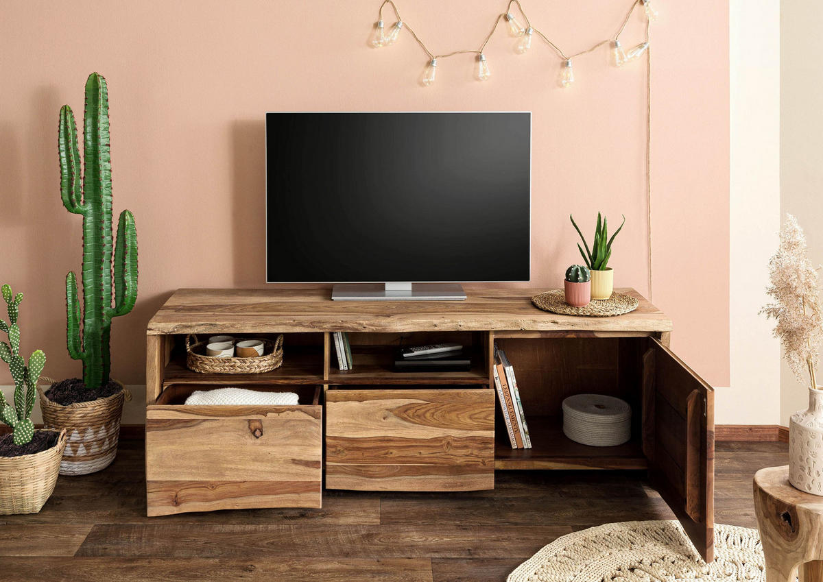 TV-BOARD Sheesham 178x48x58 natur lackiert / sandgestrahlt PURE SHEESHAM #123 - Naturfarben, Holz (178/58/48cm) - Massivmoebel24