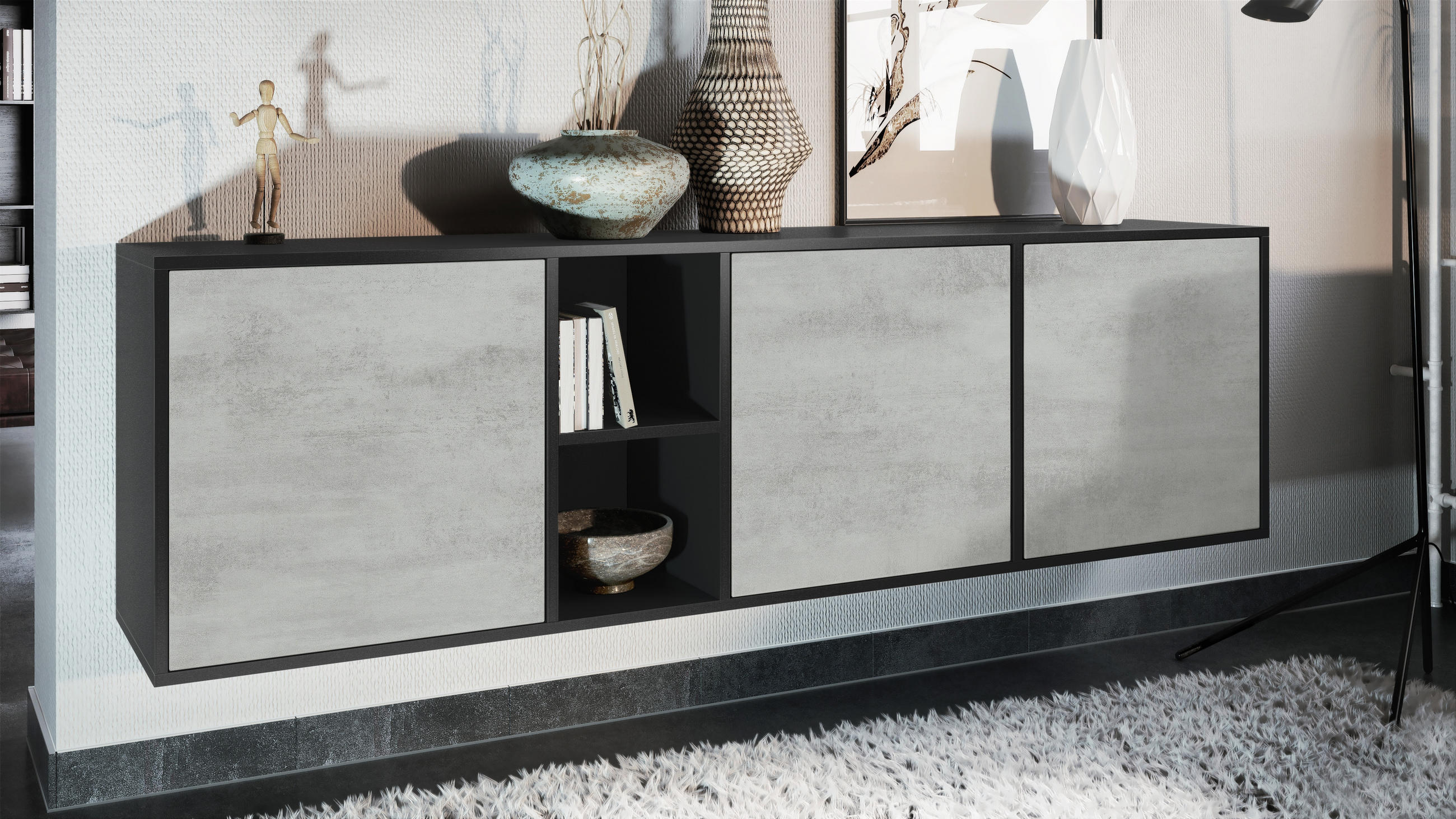 SIDEBOARD Cuba Türen in Beton Oxid Optik - Hellgrau, Holzwerkstoff (182/53/35cm) - Vladon