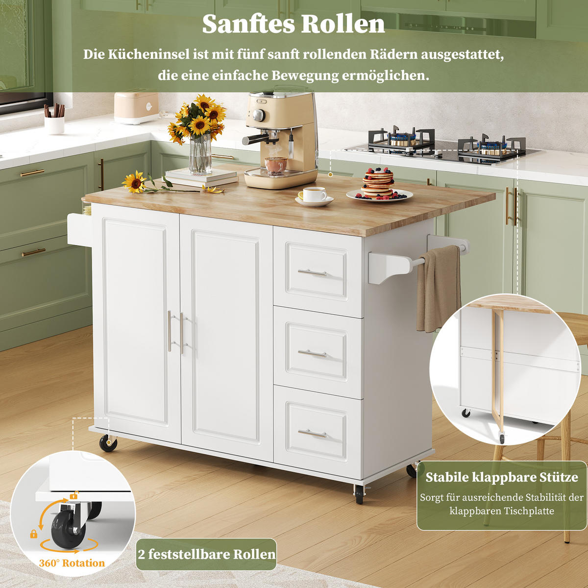 KÜCHENINSEL 137x76x92cm Weiß mit Klappplatte, Schrank, 3 Schubladen & Rollen - Weiß, Holzwerkstoff (137/92/76cm) - Modfu