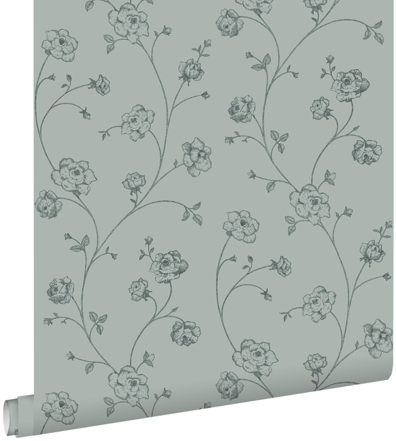 TAPETE Toile de Jouy Rosen 53 cm x 10.05 m - Grün, Papier (53/1000cm) - ESTAhome