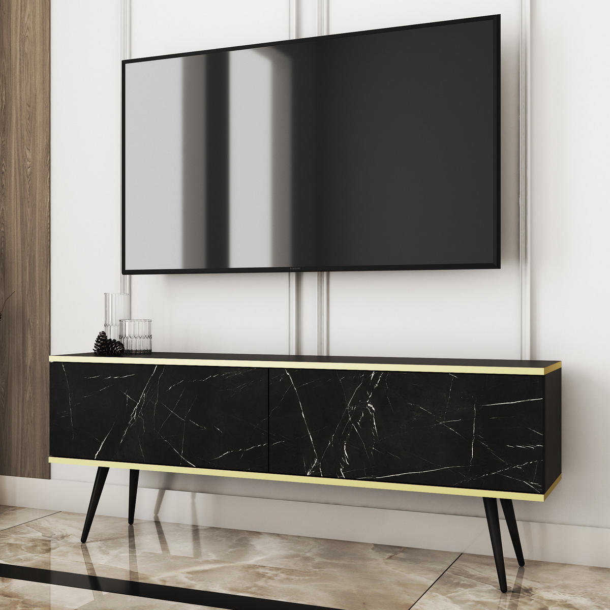 TV-LOWBOARD FORNO (Marmor Black Royal, Goldene Details, 2 Türen, schwarze Metallfüße, 135 cm) - Schwarz/Weiß, Holz/Holzwerkstoff (135/53/32cm) - Ravio