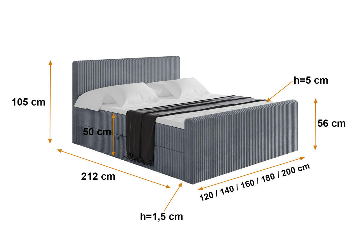 BOXBETT mit Matratze H3 und Lattenrost - TOLO-Z - 140x200 Cord - Grau - Grau, Holzwerkstoff (140/200cm) - ALTDECOR