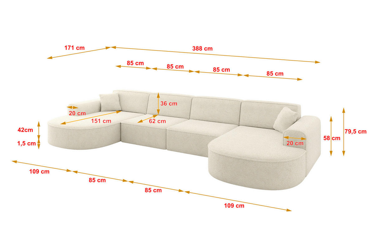 WOHNLANDSCHAFT MARI-U2 - 388x171x79 cm Creme Tissu - Creme/Schwarz, Holzwerkstoff/Kunststoff (388/79/171cm) - ALTDECOR