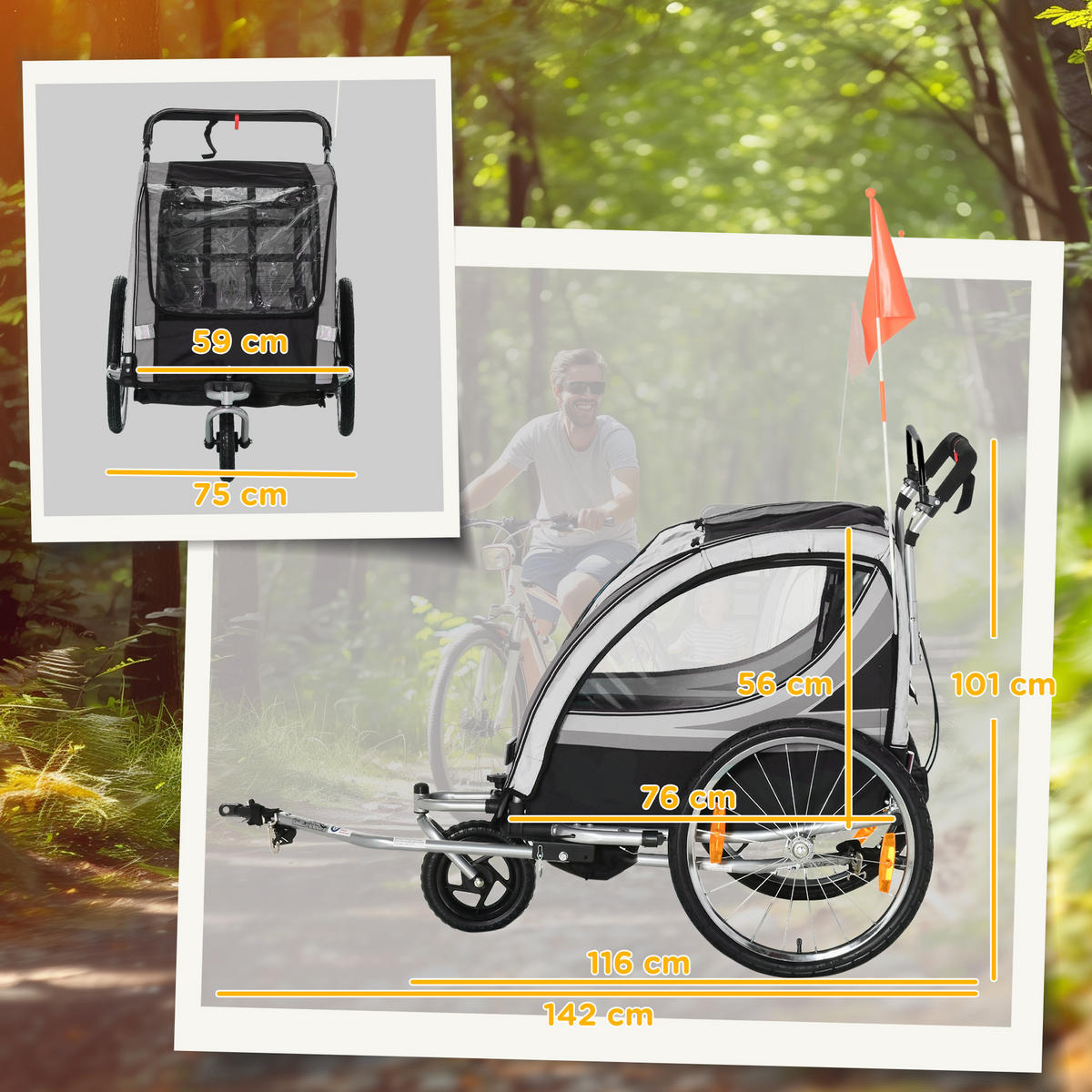 KINDERFAHRRADANHÄNGER, Stahl, Polyester, Grau+Schwarz - Grau, Kunststoff (75/101/142cm) - HOMCOM