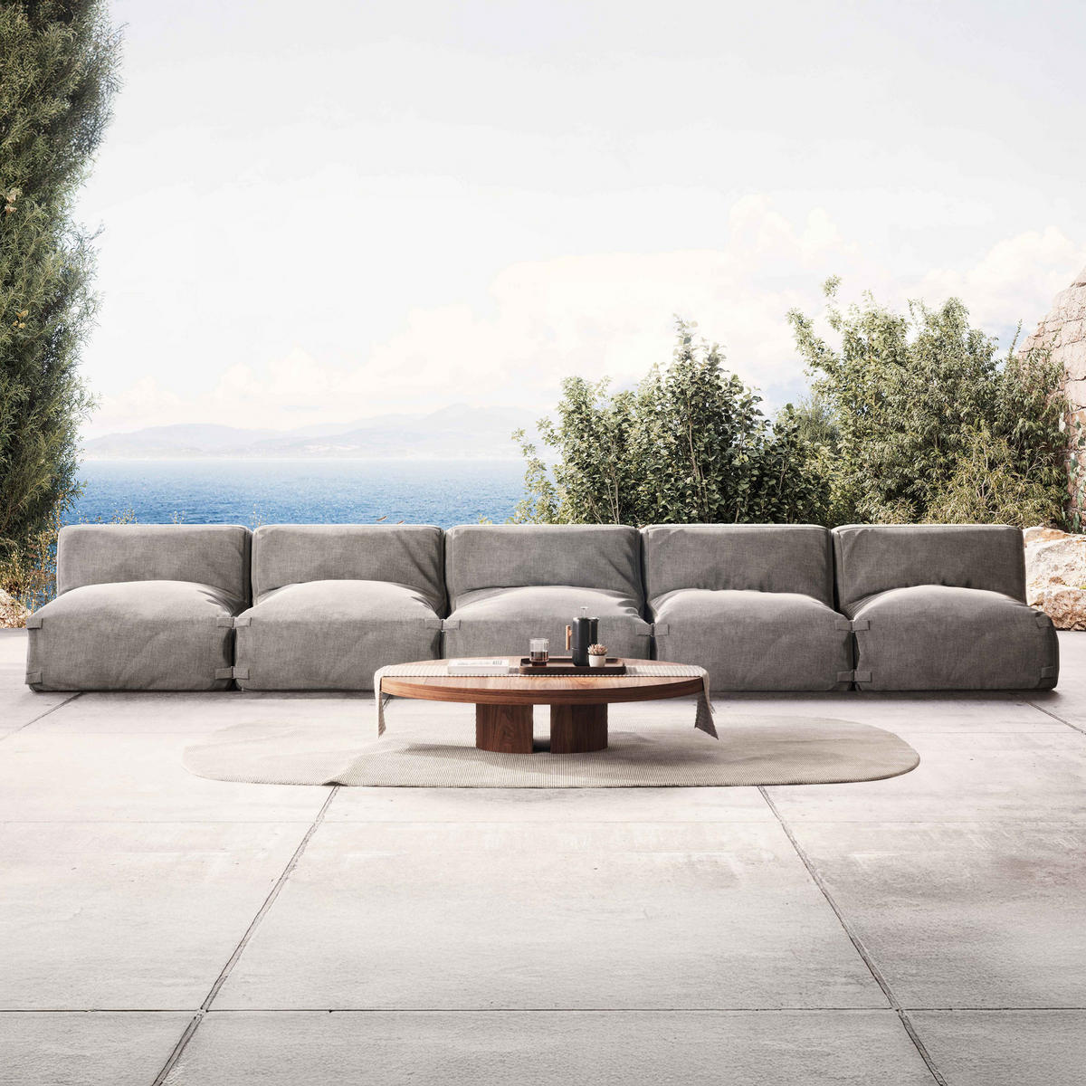 GARTENSOFA mit 5 Sitzplätzen, Grau - Grau, Textil - Oviala