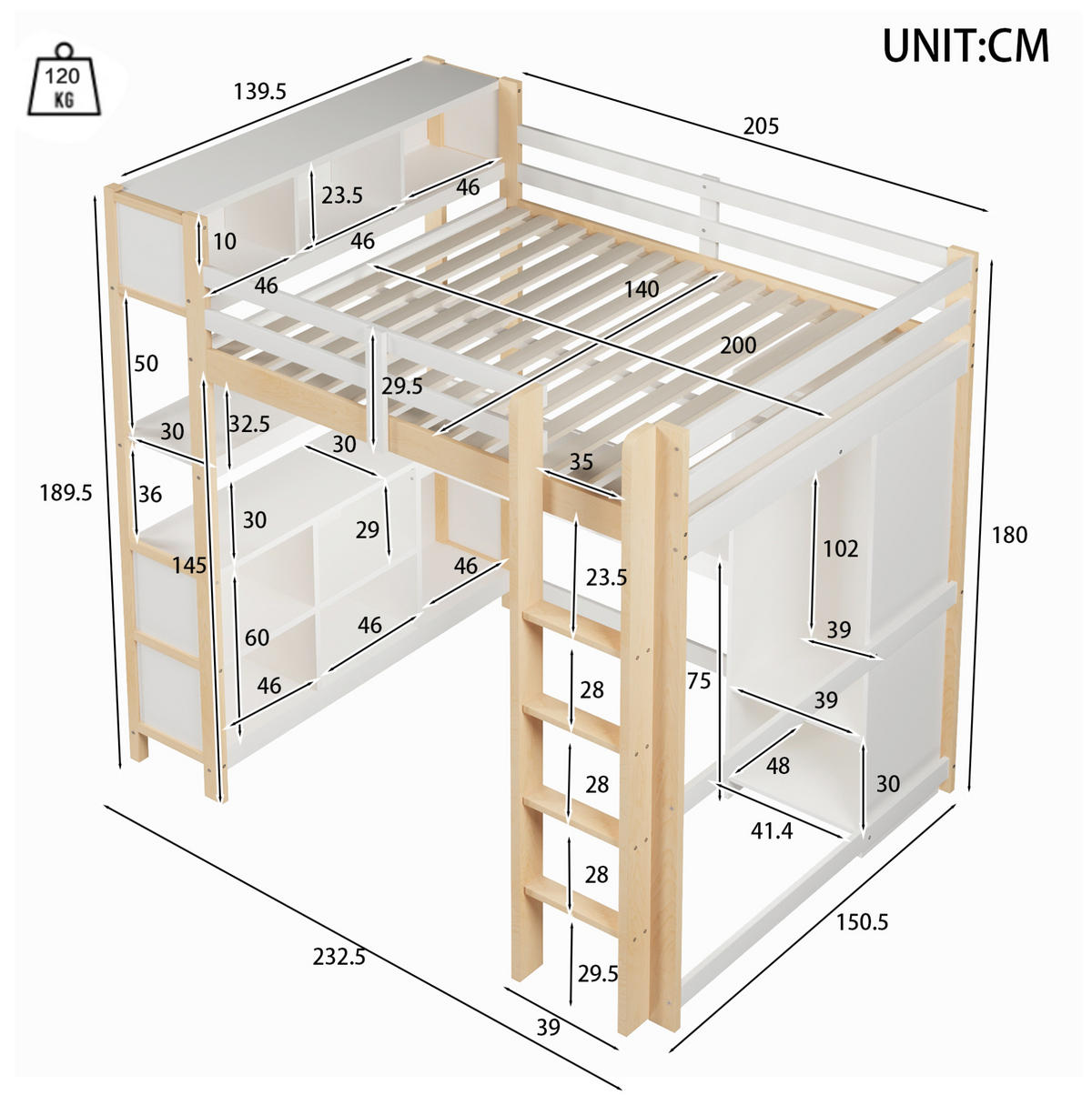 HOCHBETT 140/200 cm Natur mit Schreibtisch und Kleiderschrank ohne Matratze - Naturfarben, Holz (140/200cm) - MIVRAY