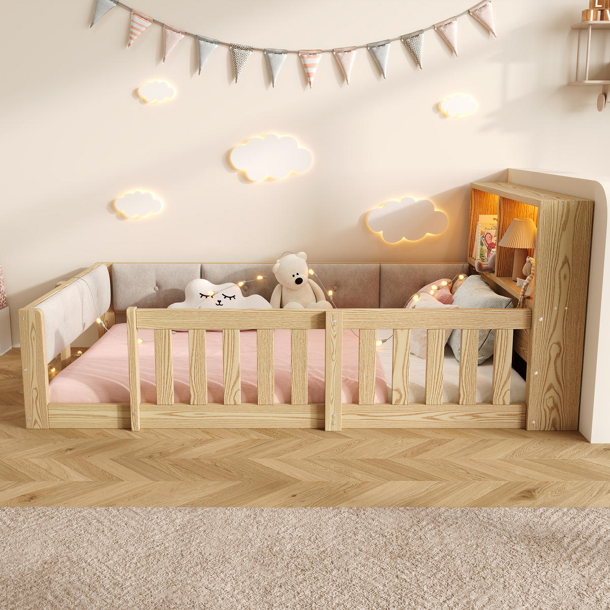 FLACHBETT 90x200cm Gitter Kinderbett LED Natur - Naturfarben, Holzwerkstoff (90/200cm) - FLIEKS