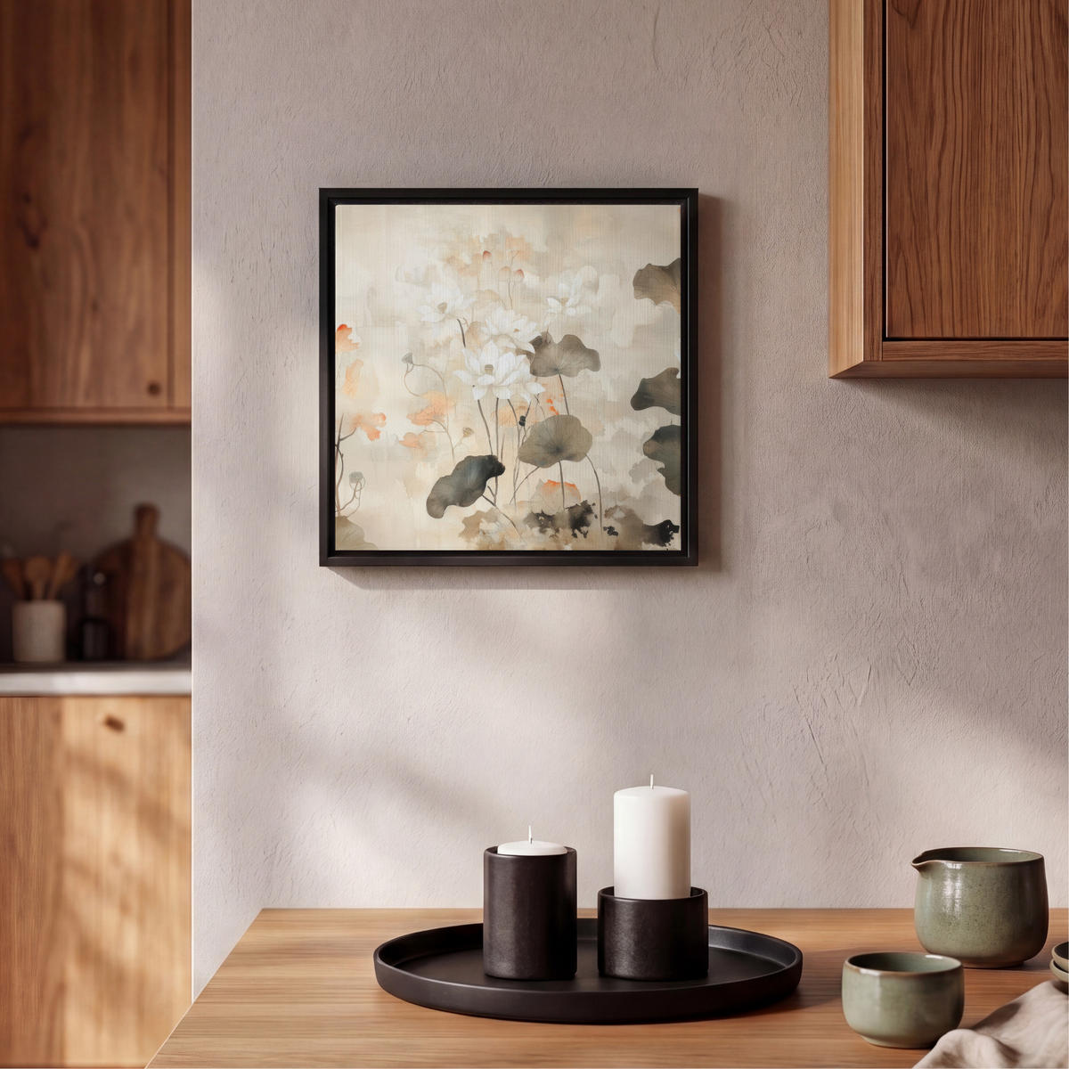 LEINWAND Bilder mit Rahmen - Blumen - Japandi - Wabi sabi - 20x20 - Sandfarben, Textil (20/20cm) - MuchoWow