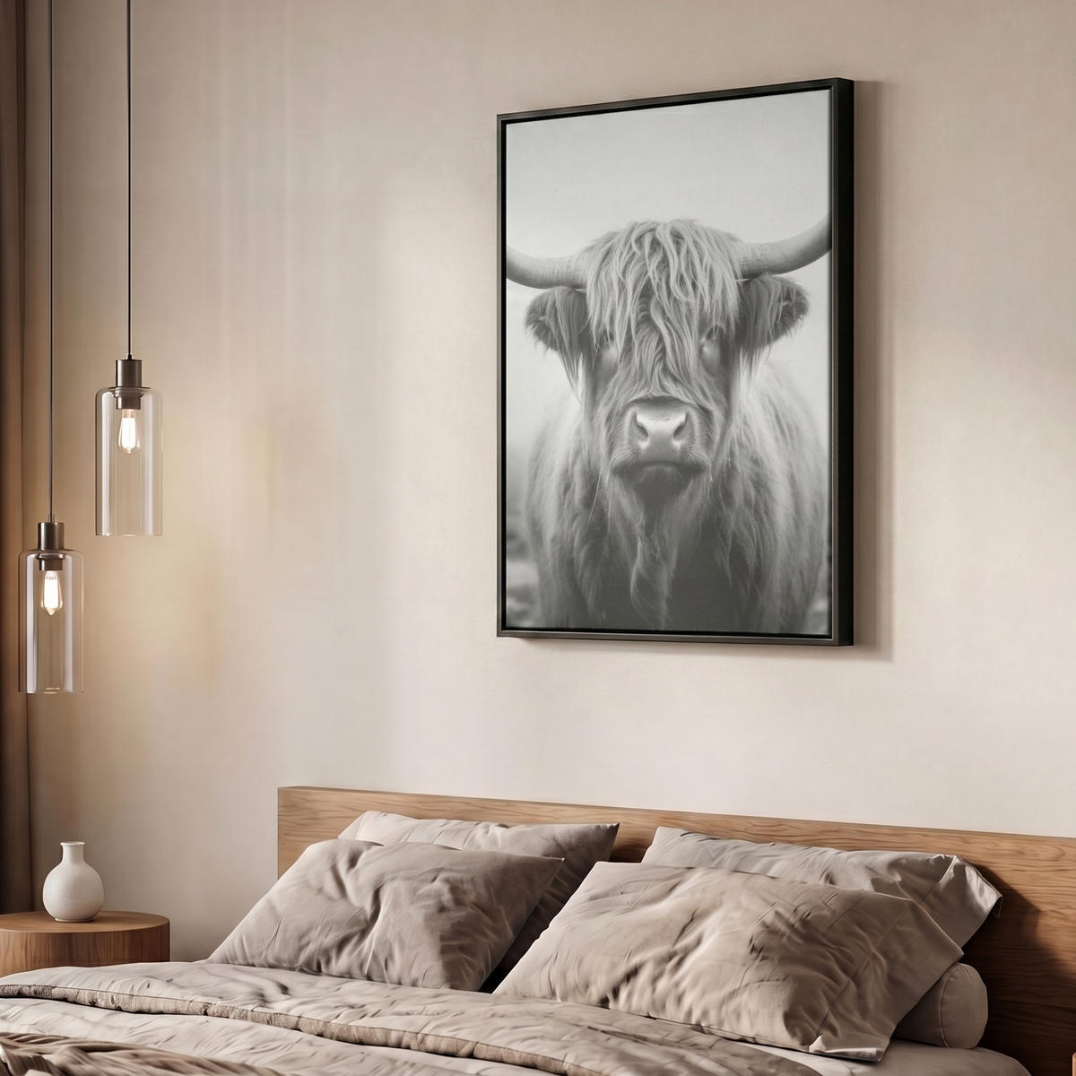 LEINWAND Bilder mit Rahmen - Schottischer Highlander - Nebel - Schwarz - Weiß - 50x70 - Grau, Textil (50/70cm) - MuchoWow