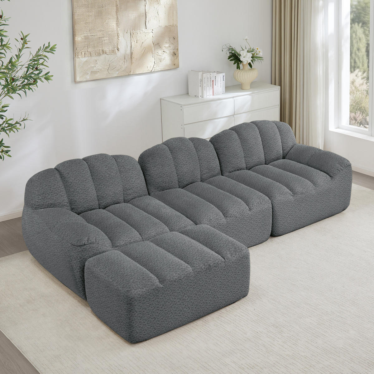 ECKSOFA 288/165/79 grau aus Fleece mit Ottoman und modularem Aufbau - Grau, Textil (165/288cm) - OKWISH
