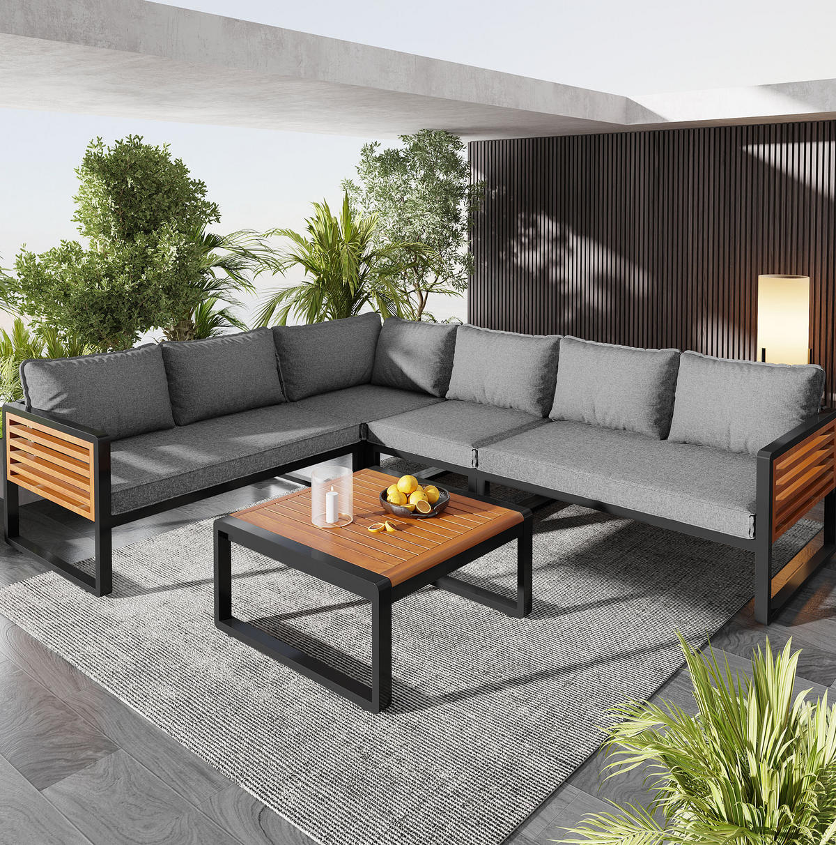 GARTENMÖBEL 110x60x63.5cm grau aus Metall und Holz, mit Kissen - Grau, Metall - Modfu