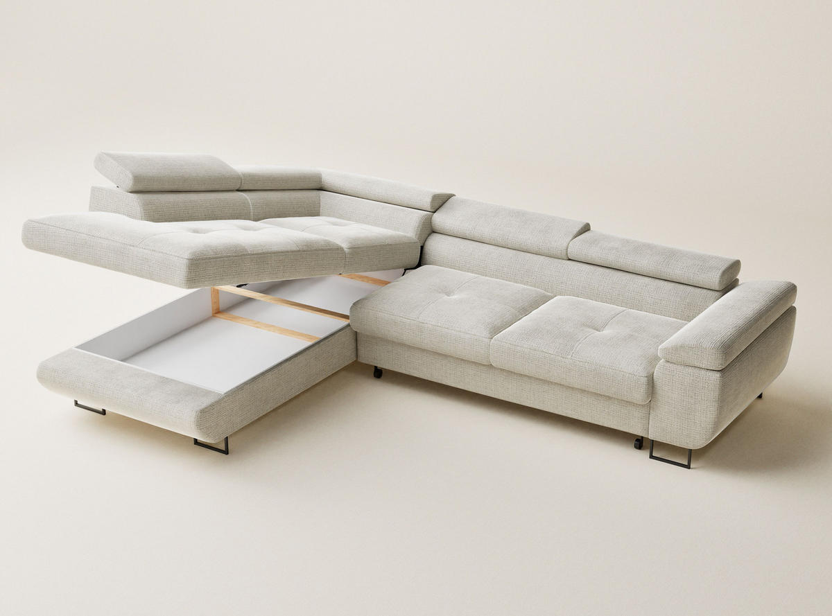 ECKSOFA Concord Beige grau Chenille-Stoff - Links Seite - Greige/Schwarz, Holz/Holzwerkstoff (203/277cm) - Maison de Reve