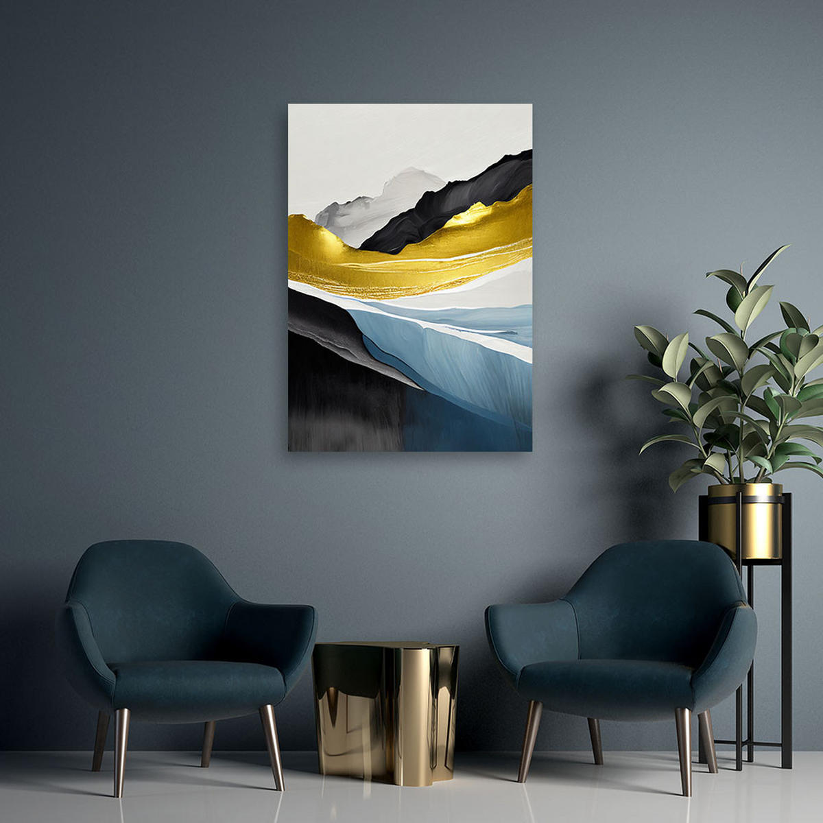 LEINWANDBILD Abstrakter Berg Gold 40x60cm - Blau, Textil (40/60cm) - Feeby