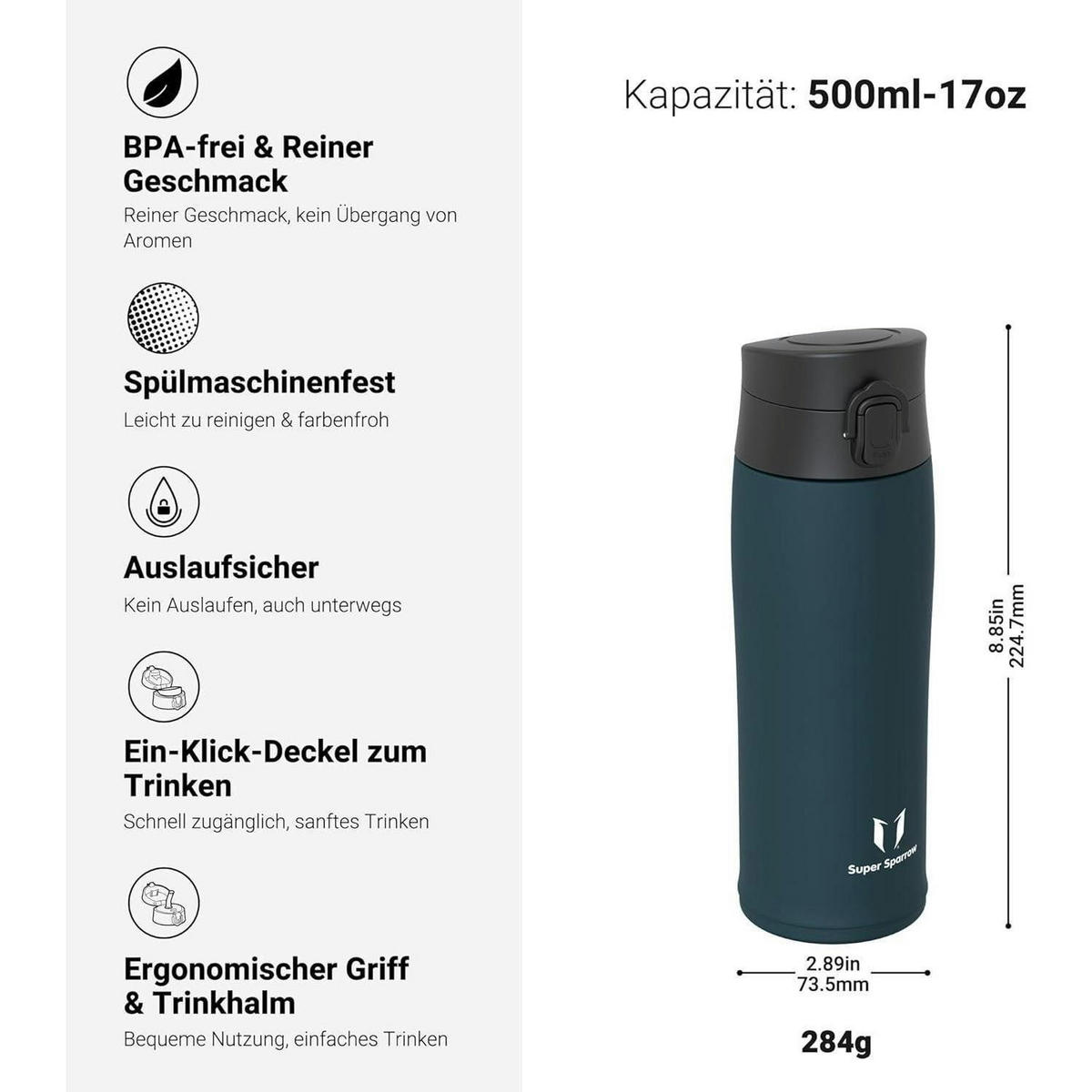 THERMOSFLASCHE Edelstahl 500 ml Jade mit 2 Deckeln - Petrol, Metall (7.4/7.4cm)