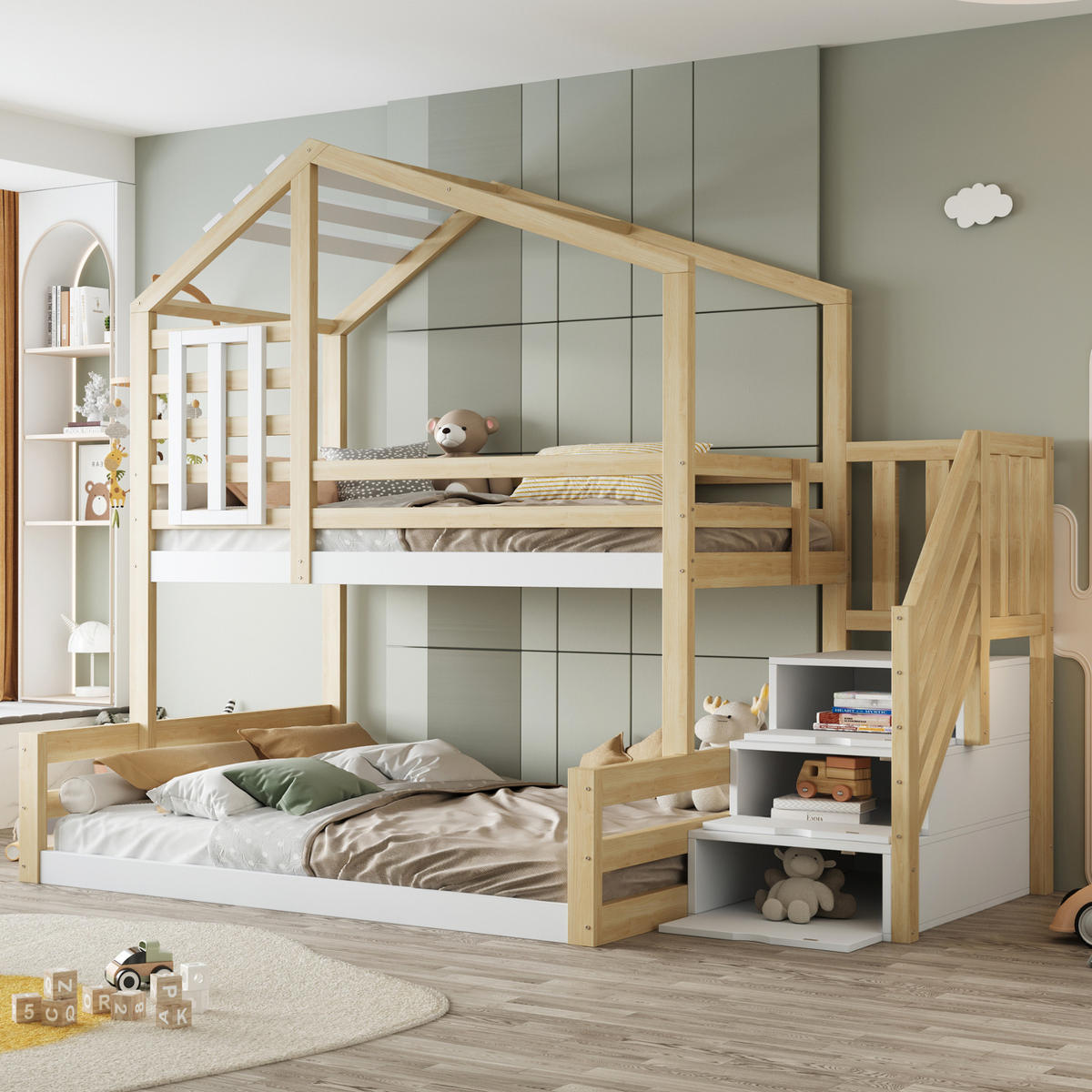 ETAGENBETT 90/200 & 140/200 cm mit Hausdesign, Fenster, Stauraumtreppe und Rundumgeländer aus Kiefer , Natur - Naturfarben, Holzwerkstoff (90/200cm) - Redom