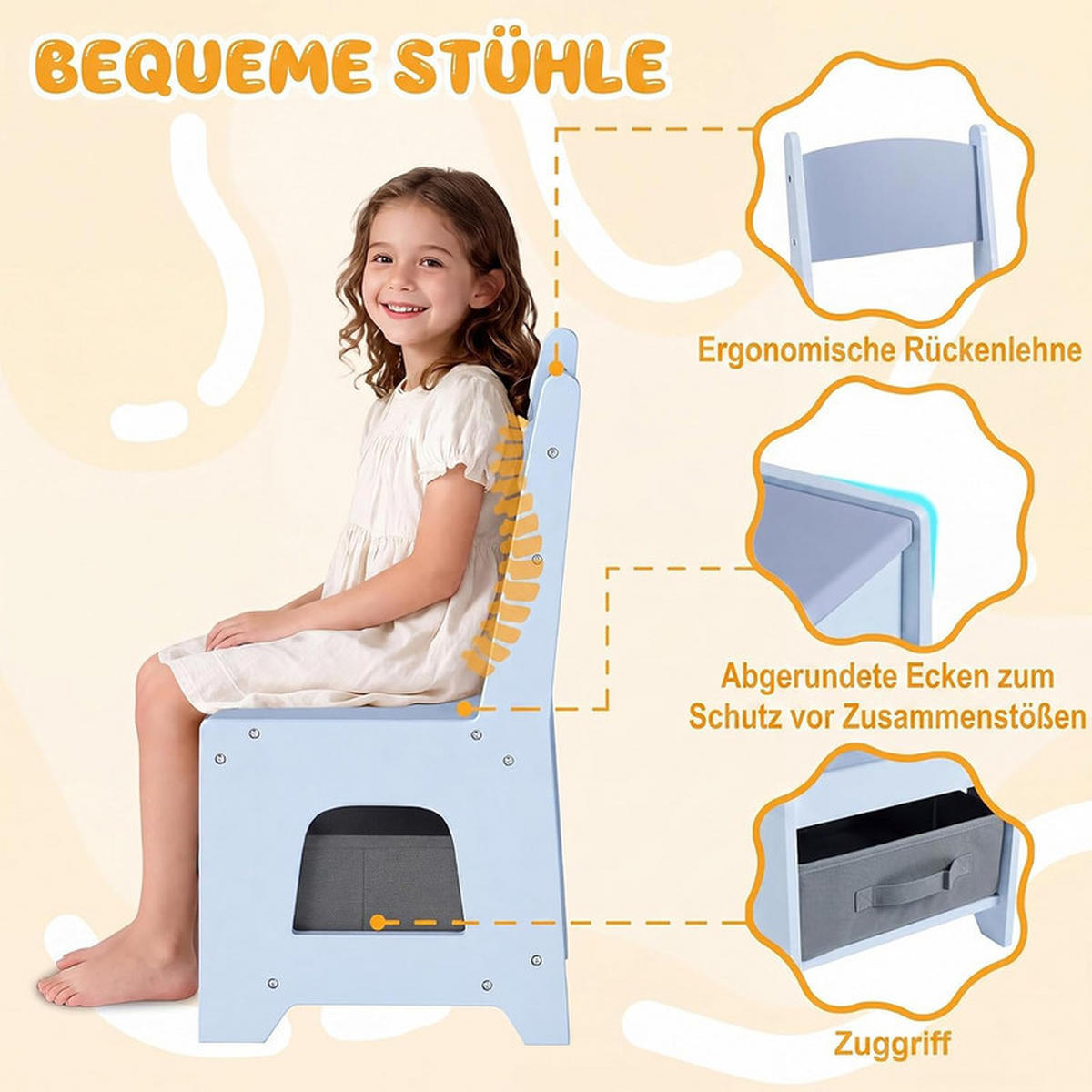 KINDERTISCH mit Stuhl blau(3-tlg) - Blau, Holzwerkstoff (62/56.5/62cm) - COSTWAY