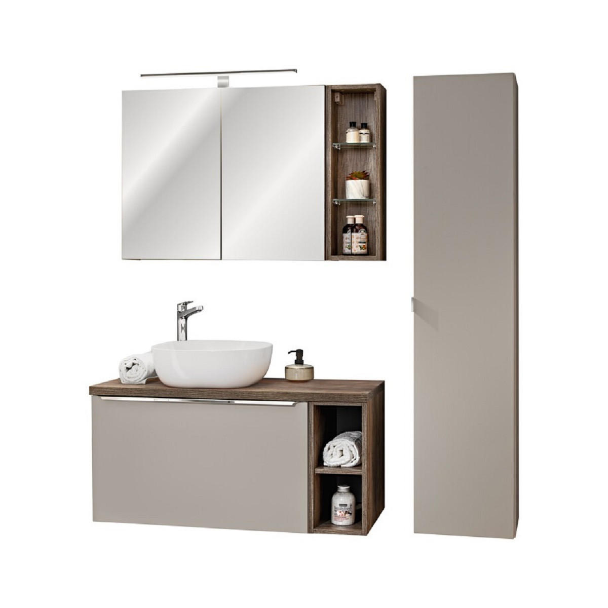 BADMÖBEL-SET 8 Teile - Santa Fe Taupe BM34 in Clay Grey/Santa Fe Vintage Oak - Graubraun, Holz (100/160/46cm)