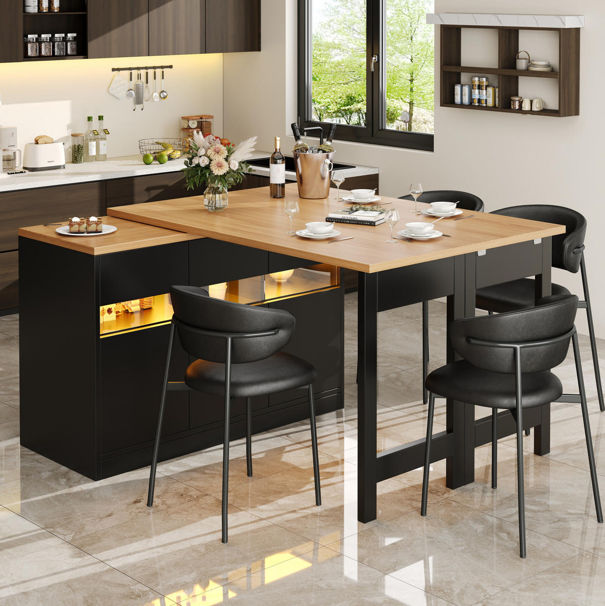BARTISCH, MDF mit LED & 360° drehbar, ausziehbar 120-180/40/71,5 cm, Schwarz - Schwarz, Holzwerkstoff (40/71.5/107cm) - Redom