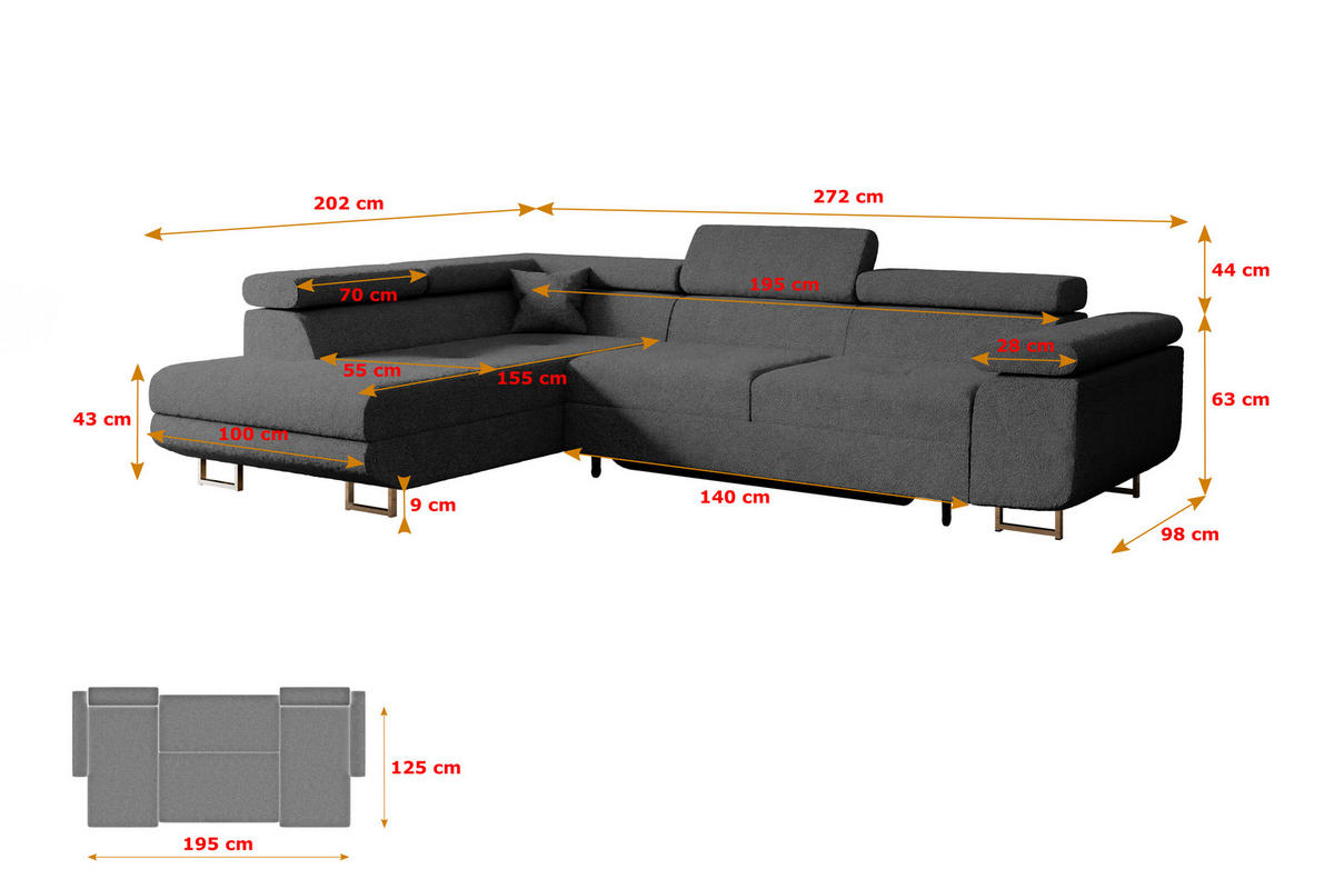 ECKSOFA mit Schlaffunktion und Bettkasten GUSA-L 272x202x107 cm Grau Bouclé - Silberfarben/Grau, Holzwerkstoff/Textil (202/272cm) - ALTDECOR
