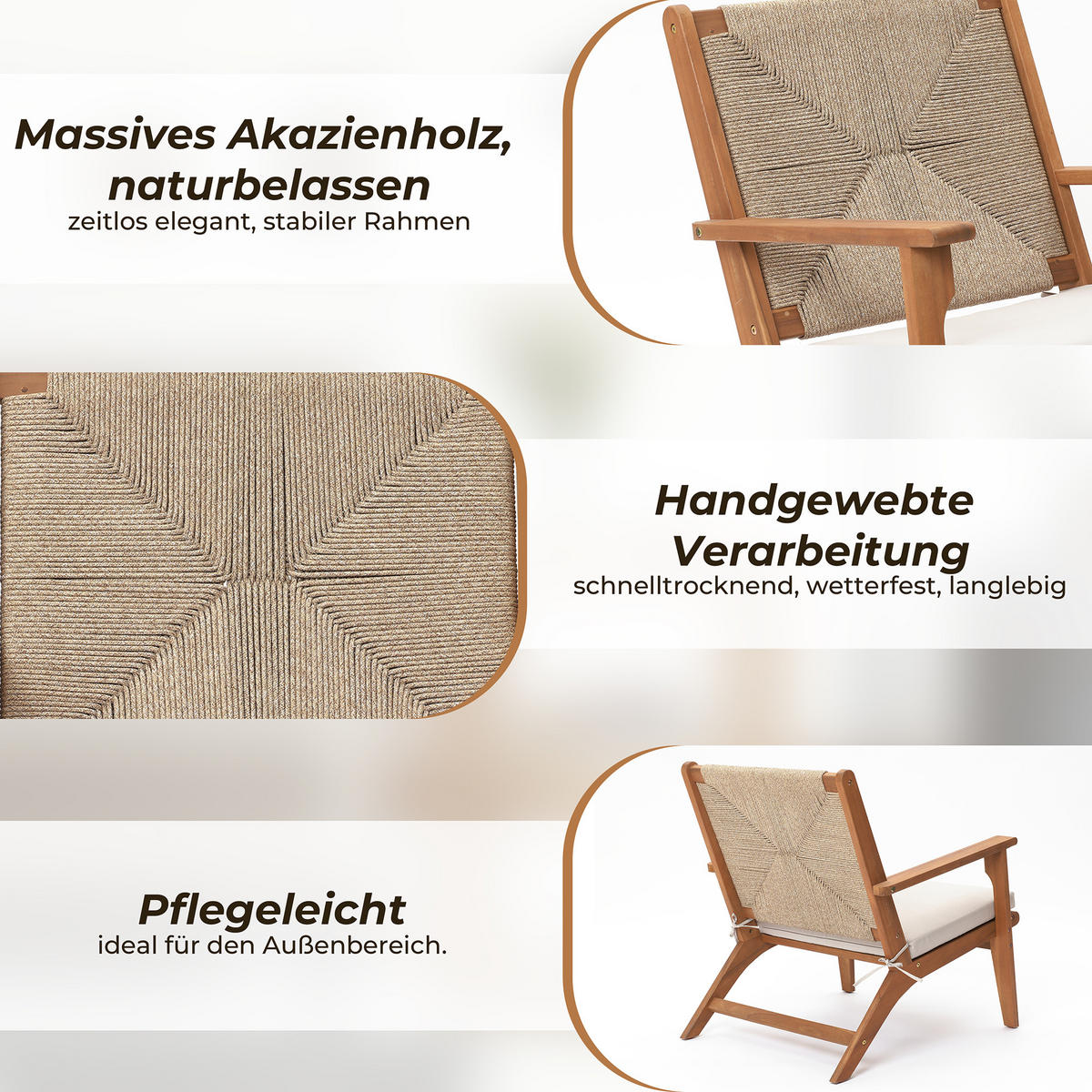 73CM Outdoor-Ess- und Terrassenstuhl aus Akazienholz mit Kissen - Ahornfarben, Holz (73/73/64.5cm) - Hometopia